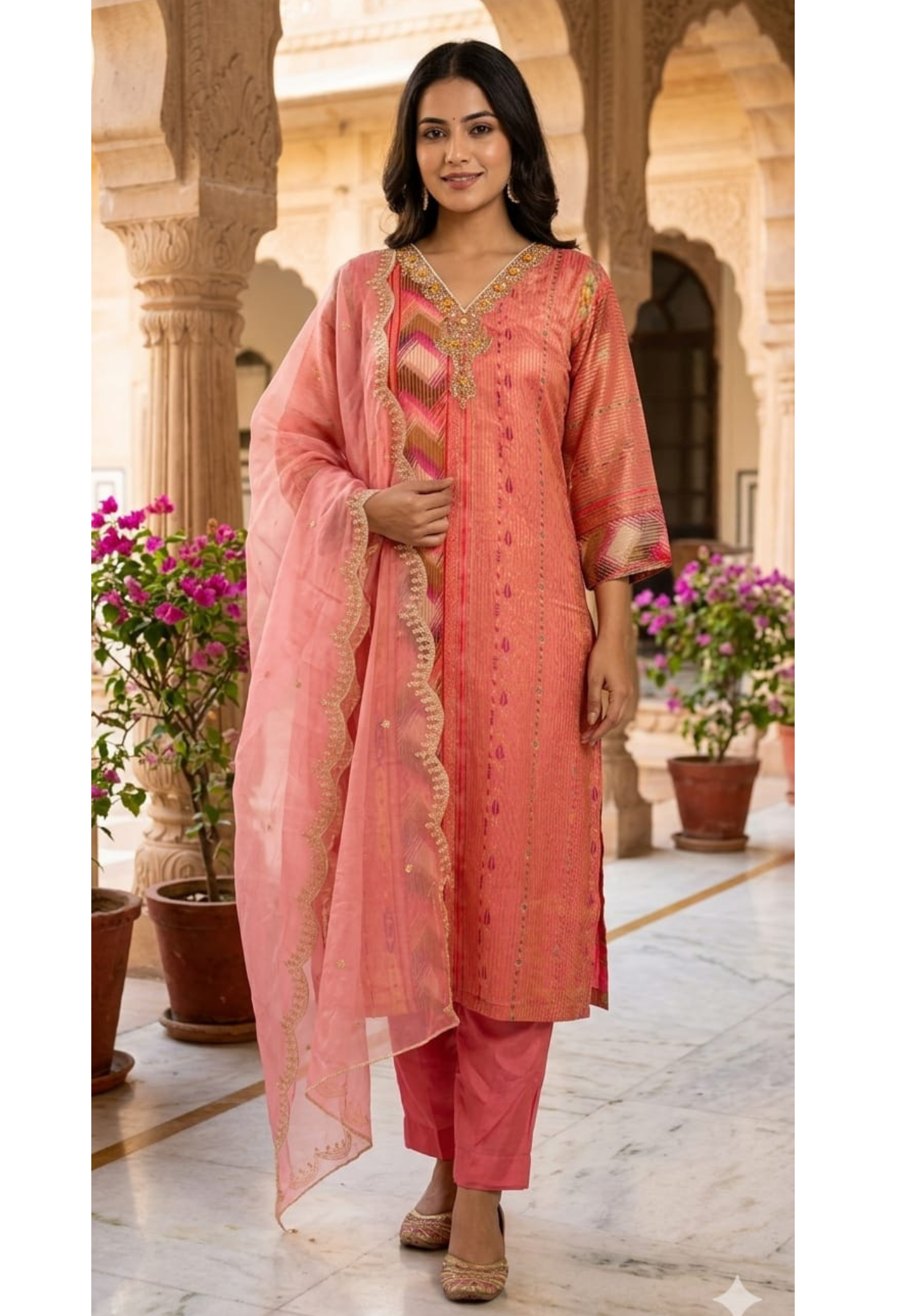 Tissue Elegance Golden Classic Striped Full Suit Set With Dupatta & Embellished Neckline