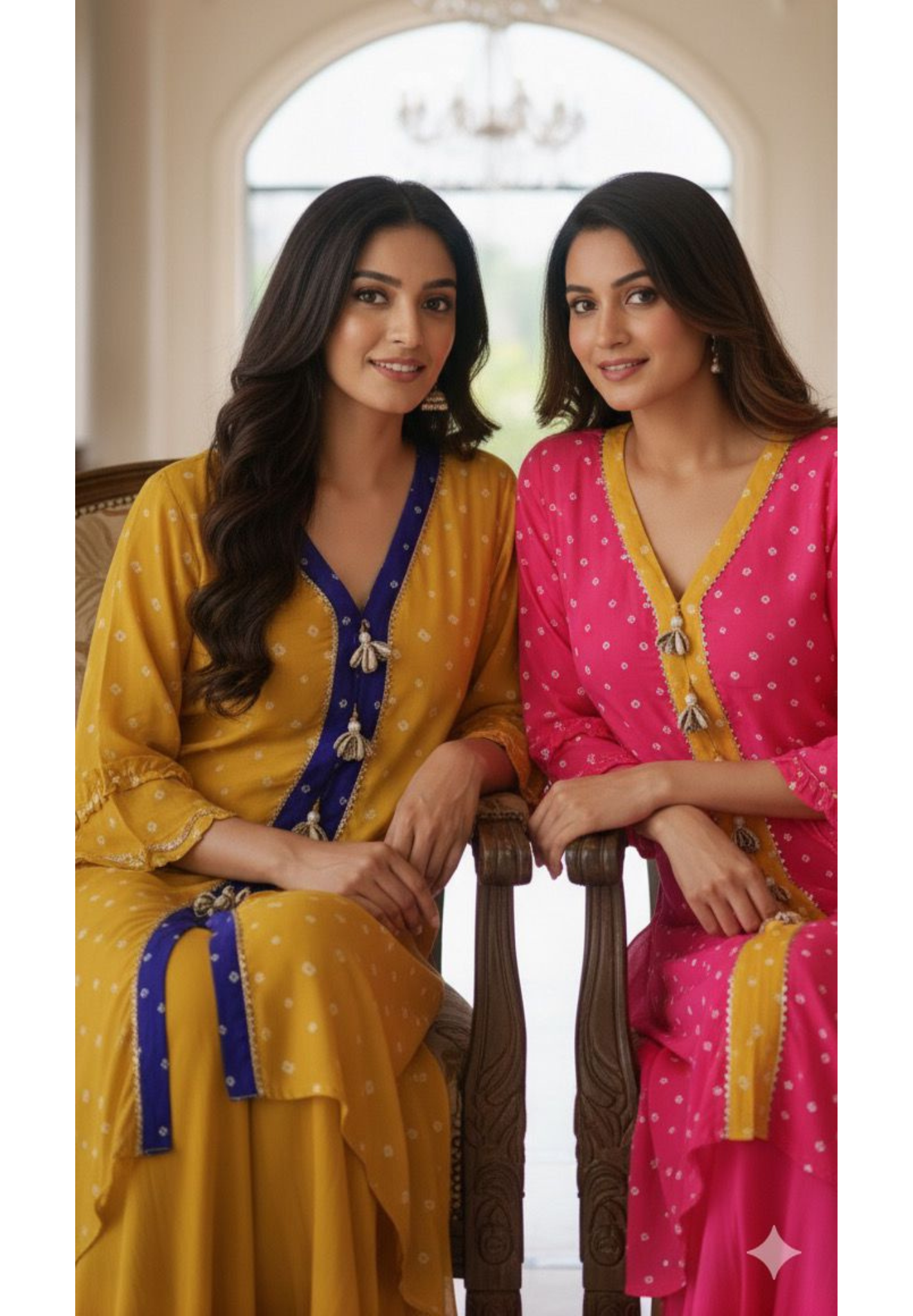 Bandhej High-Low Kurta with Flare Bottom Yellow Placket and Handcrafted Cowrie Shell Tassels-12256,12257