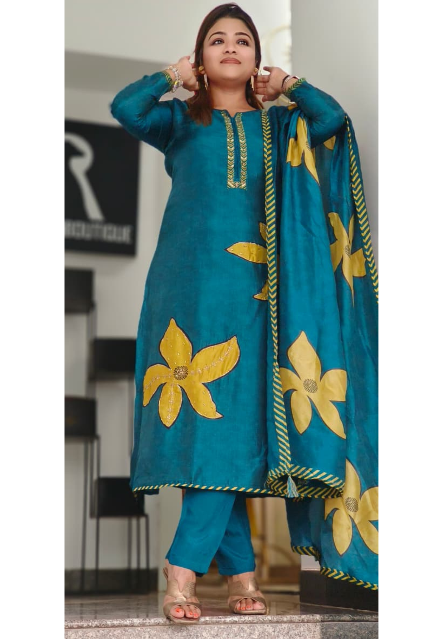 Digital Floral Patched With Tiny Foil Work Full Suit Set With Dupatta In Dola Silk Fabric- 11514