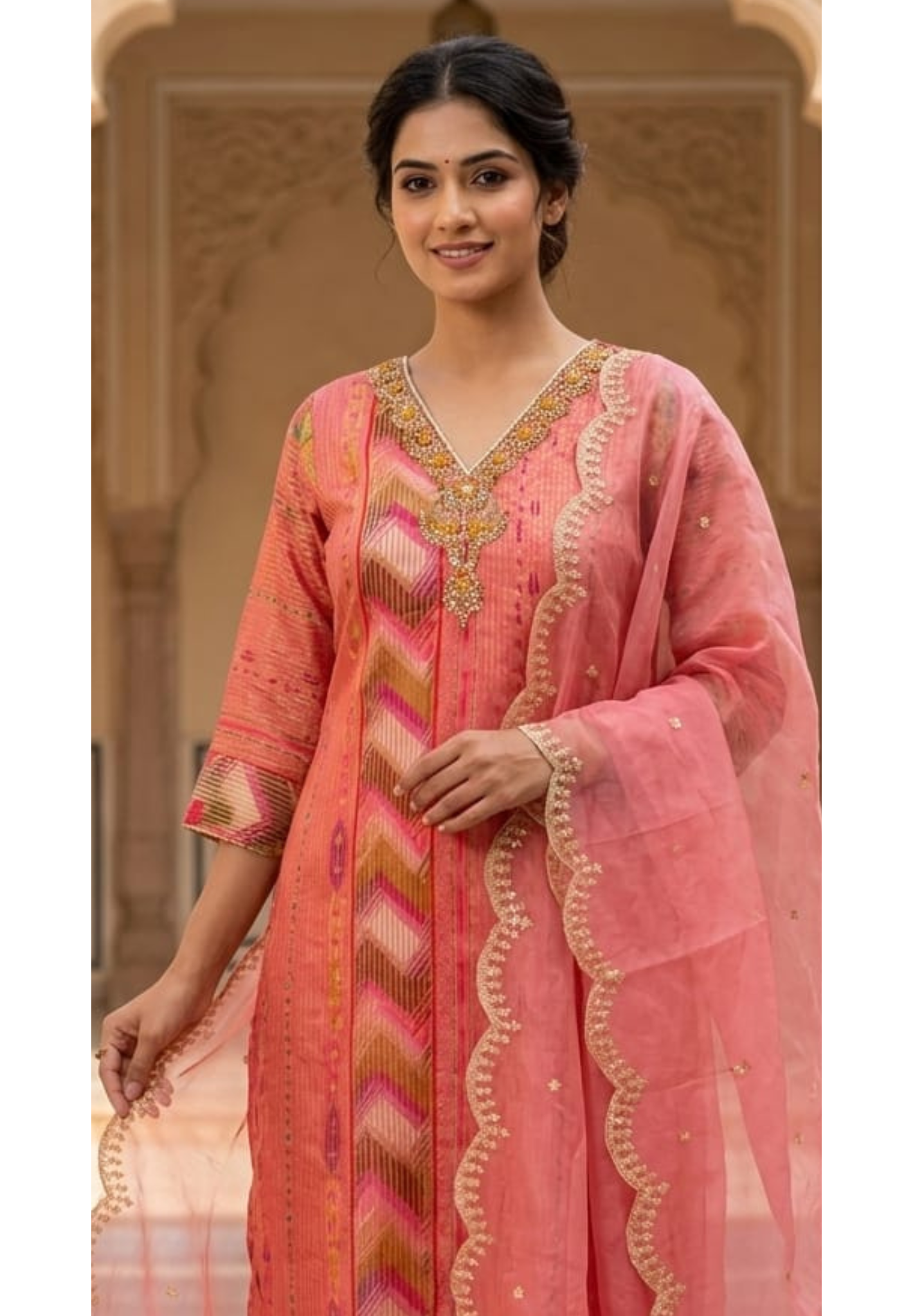 Tissue Elegance Golden Classic Striped Full Suit Set With Dupatta & Embellished Neckline
