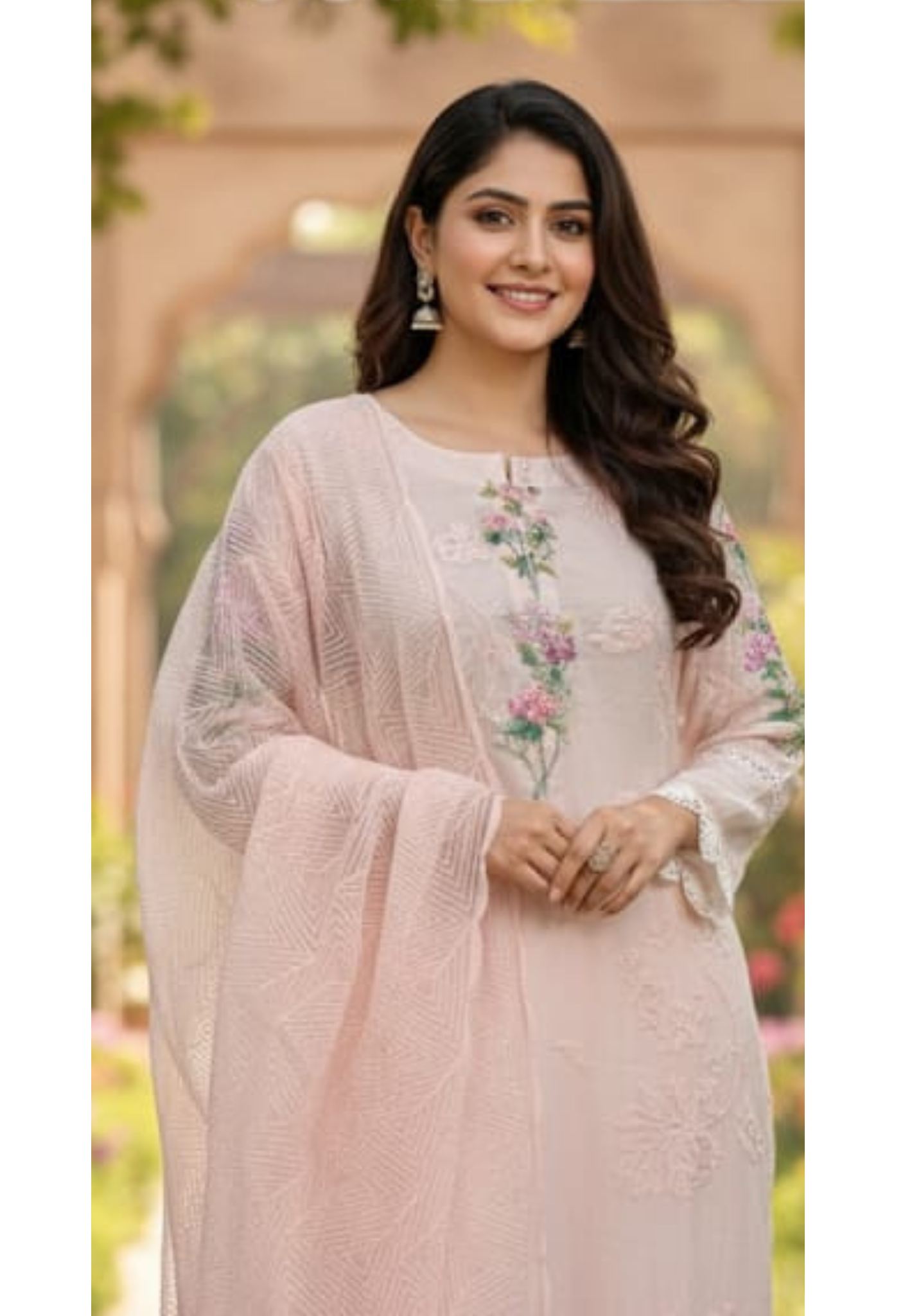 3D Floral Appliqués On Shoulder & Front Sheer Thread Embroidered Full Suit Set With Dupatta- 13681