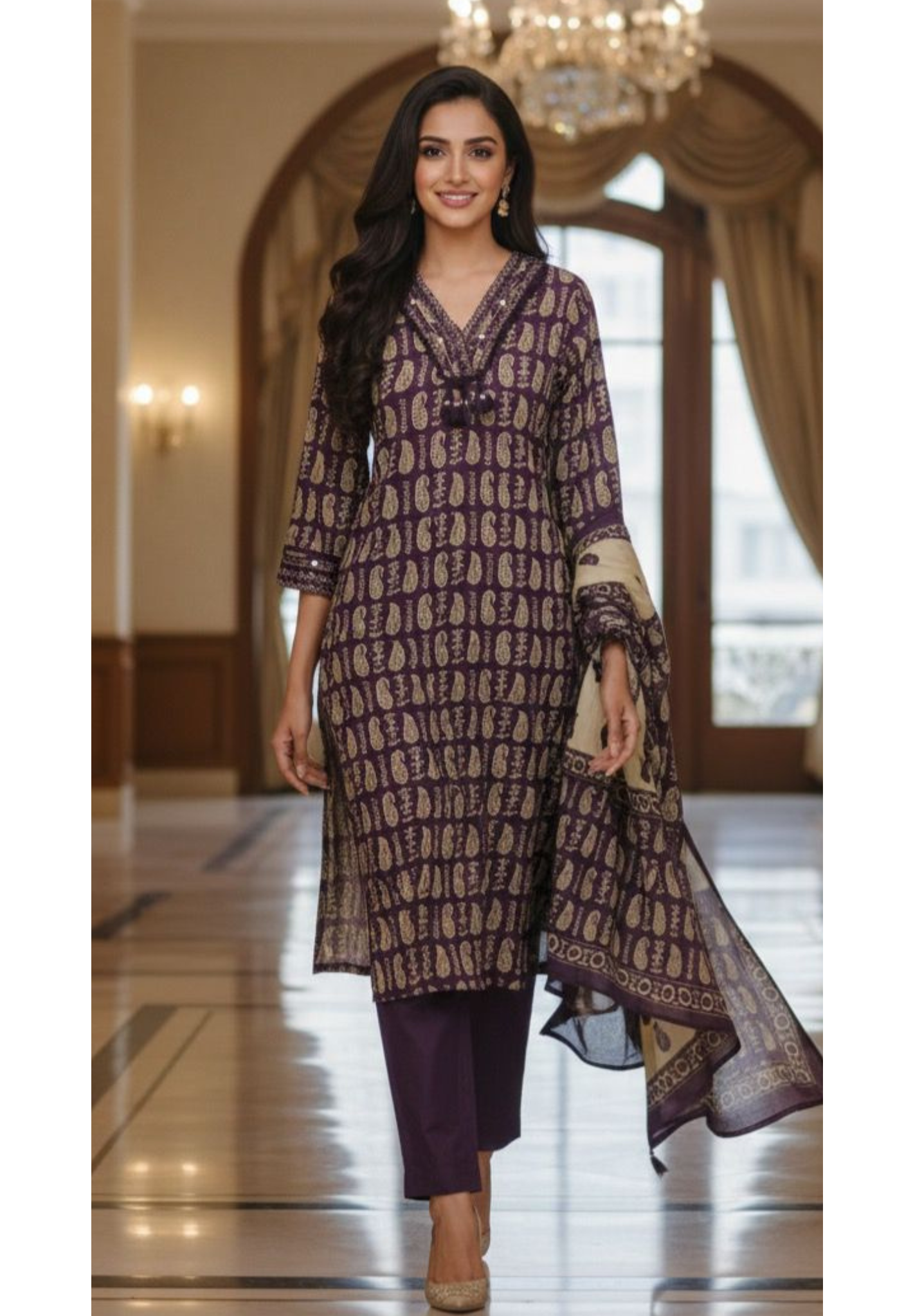 Cotton Three-Piece Suit Set with Traditional Block-Style Prints & Cream Border Dupatta