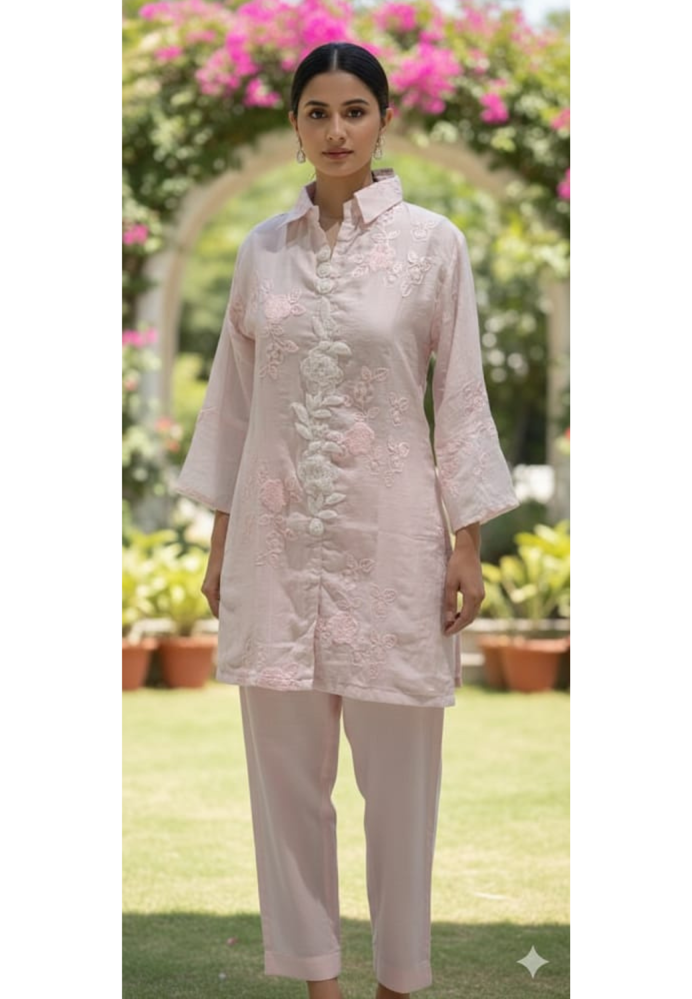 Blush Pink Floral Embroidered Premium Cotton Co-Ord Set With Tiny Pearl & Sequin Placket- 13589