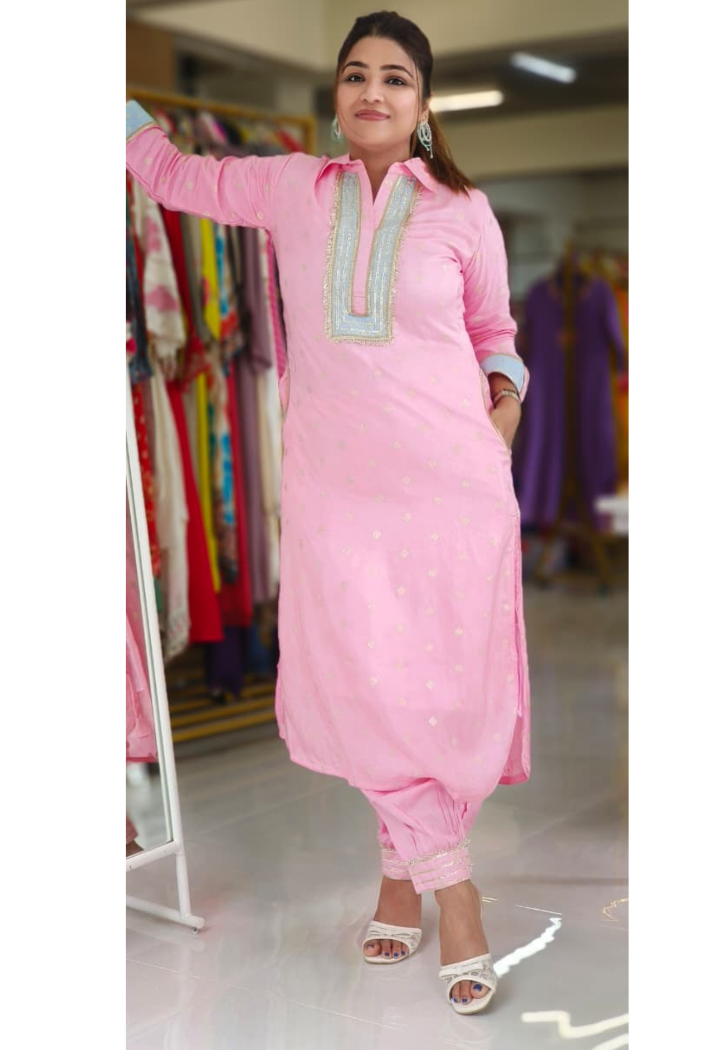 Banarasi Touch Unique Outlined Collared Kurta With Pathani Bottom-12258,12254