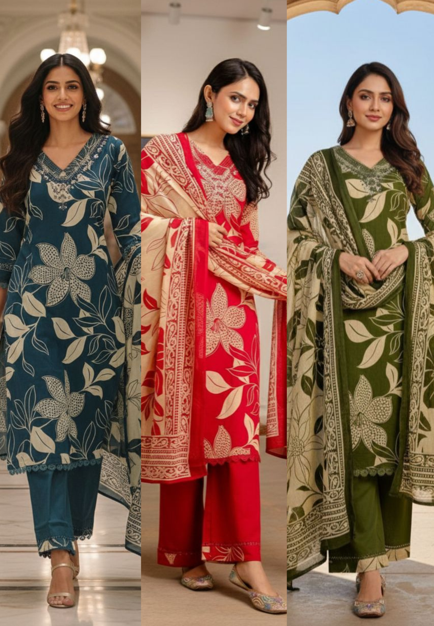 Cotton Bold Floral Print Ethnic Suit Set with Coordinated Bottom & Lightweight Dupatta