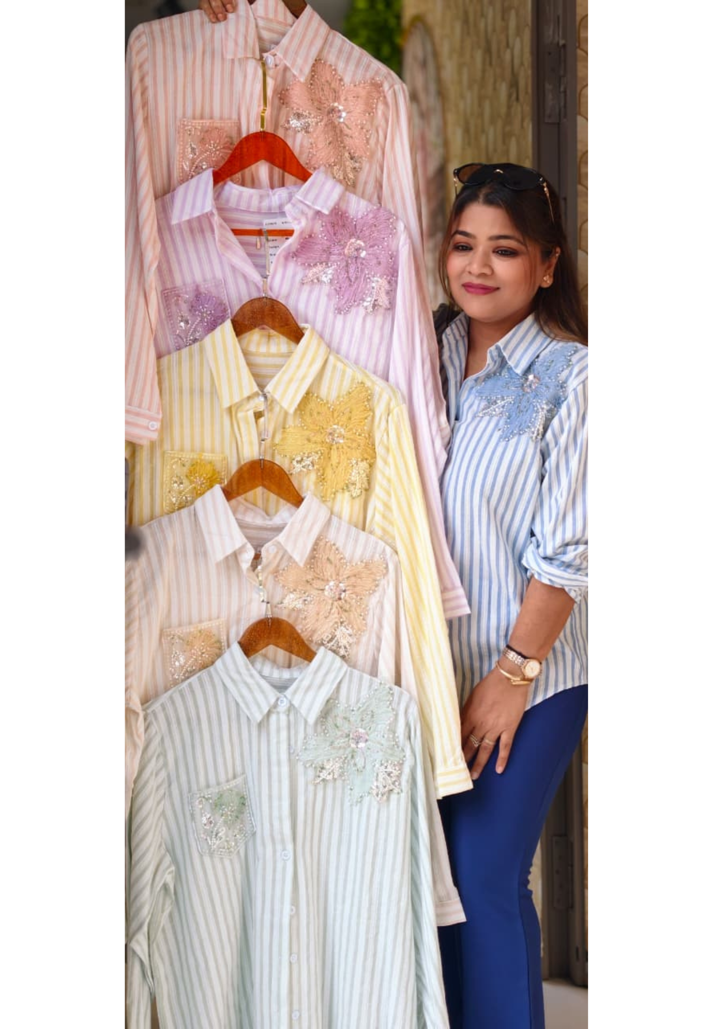 Classic Vertical Stripe Floral Pop Motif Imported Shirt- 15072