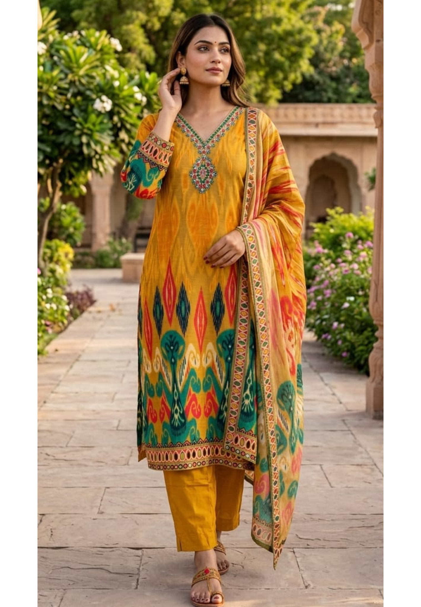 Intricate Zardosi & Stone Work Radiant Vibrant Ikat Print Russian Silk Full Suit Set with Dupatta