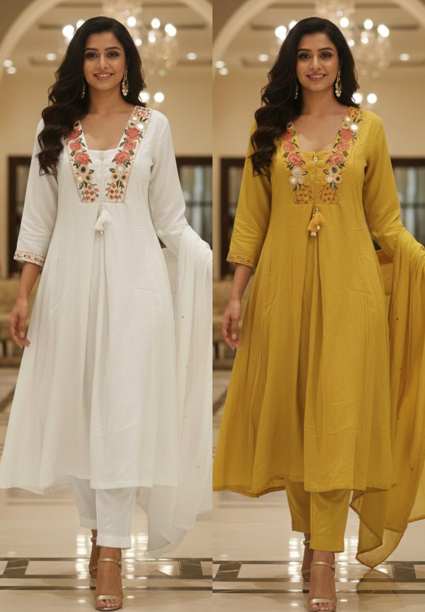 Real Mirror Floral Embroidery Tasseled Yoke A-Line Full Suit Set With Dupatta In Mul Cotton Fabric- 12935