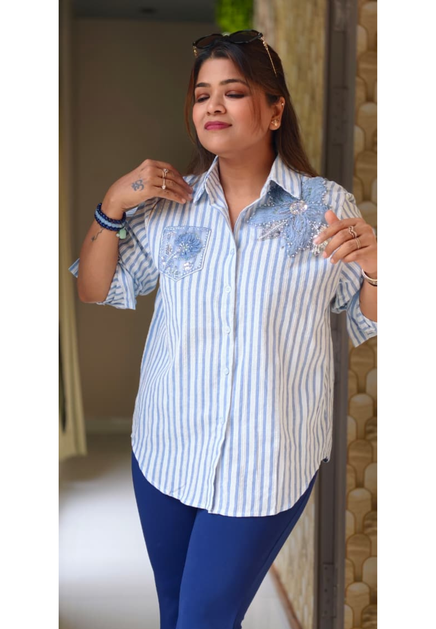 Classic Vertical Stripe Floral Pop Motif Imported Shirt- 15072