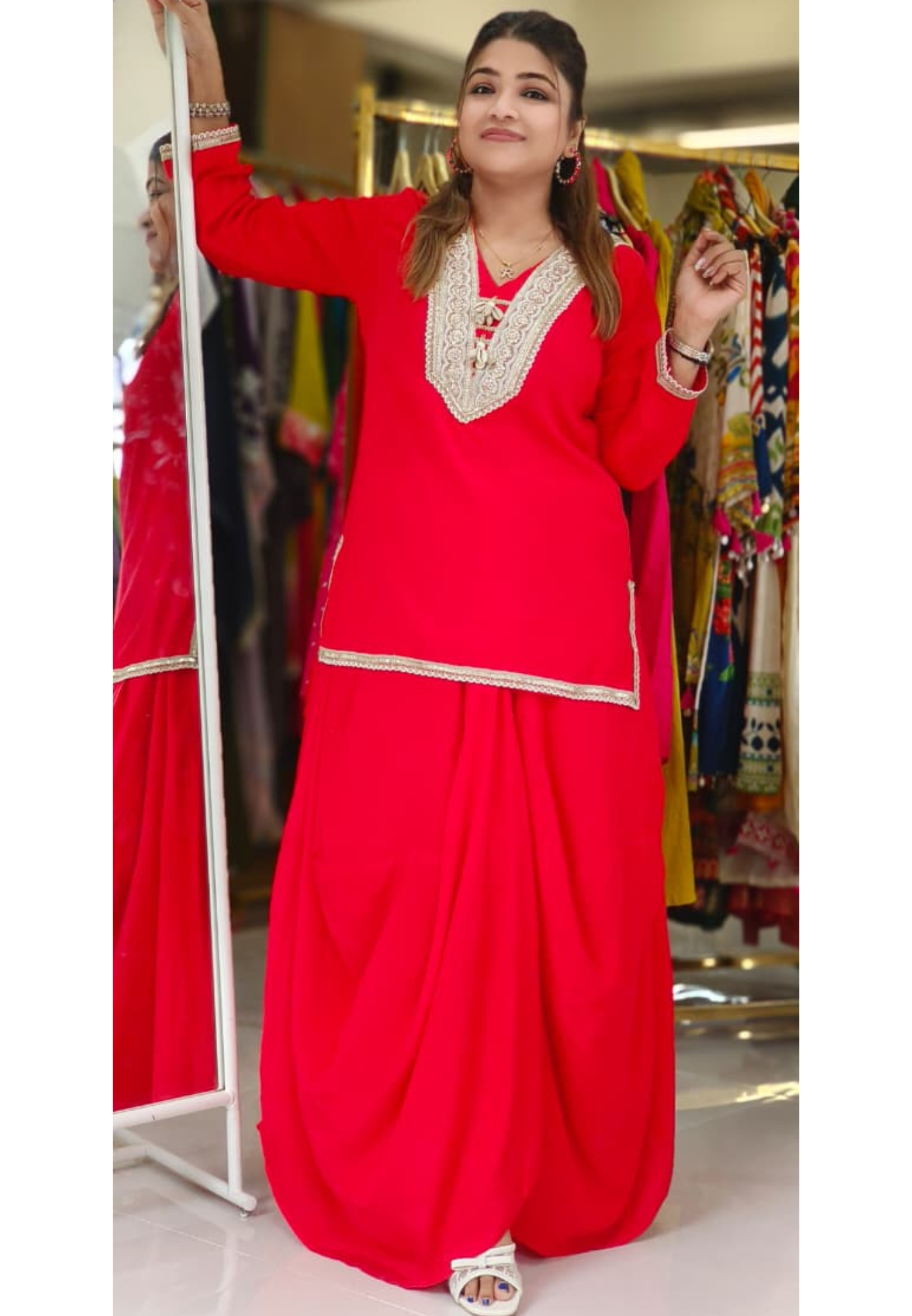 Indo-Western Kurta Set with Golden Gota Lace, V-Neck Embroidery and Handcrafted Cowrie Shell Detailing-12255