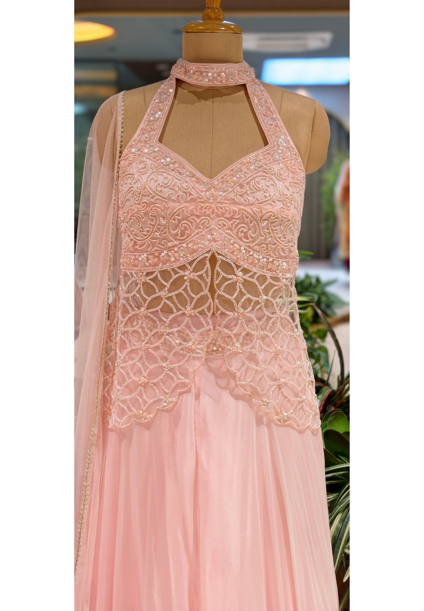 Soft Blush Pink Embroidered Divider Top With Flared Bottom with Sheer Neck Detail & Flowy Silhouette 14092 RB82