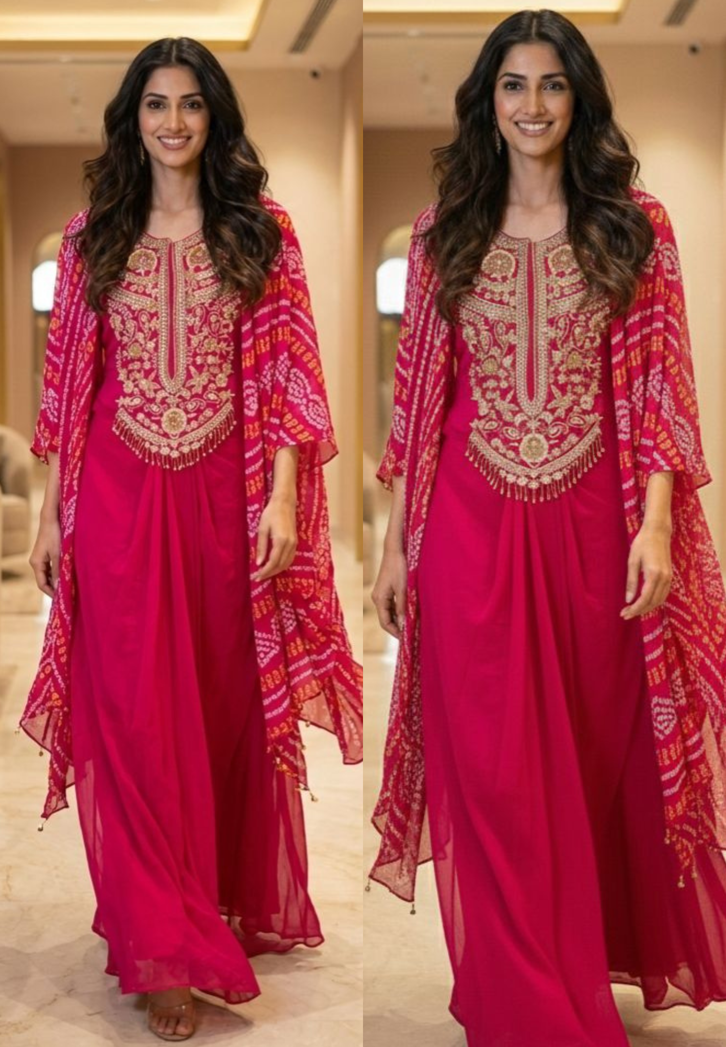 Pure Chinon Bandhani Print Tasselled Designer Cape Style Top With Dhoti Skirt Bottom- 12848