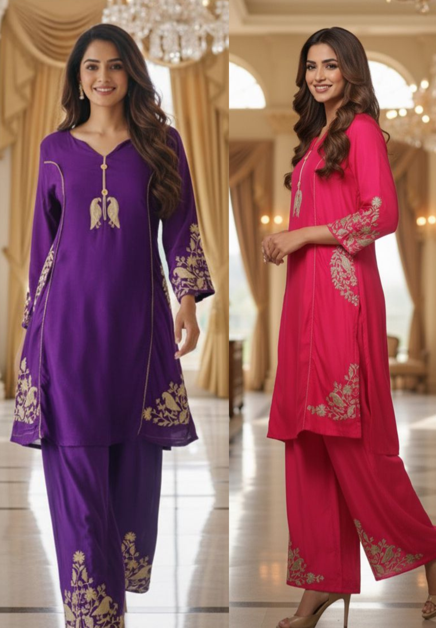 Beautiful Silk Fabric Embroidered Indo-western Kurta With Loose Bottom Set-12267,12266