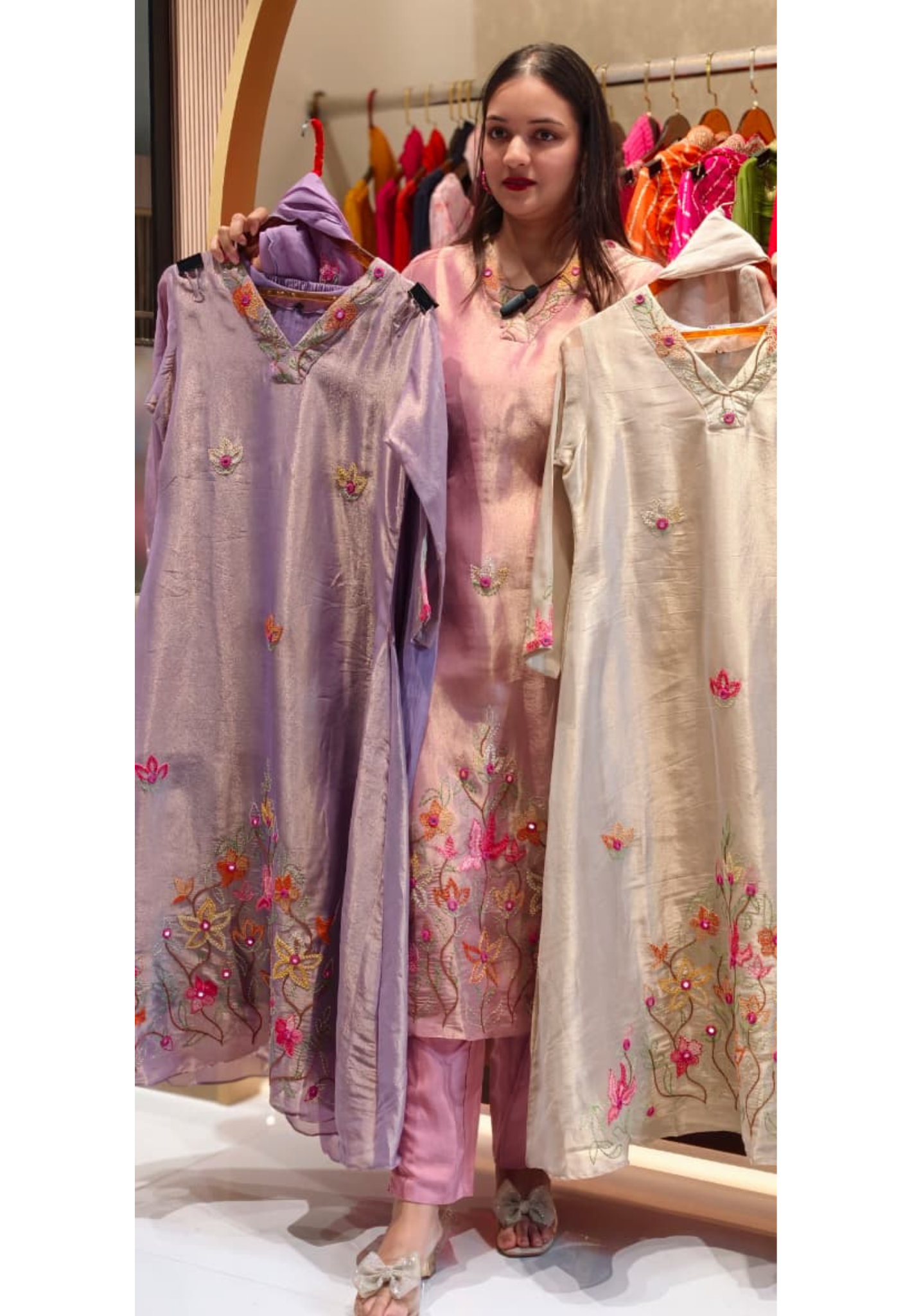 Grand Floral Katha Stich Thread Embroidery A-Line Full Suit Set With Dupatta In Tissue Fabric- 13451