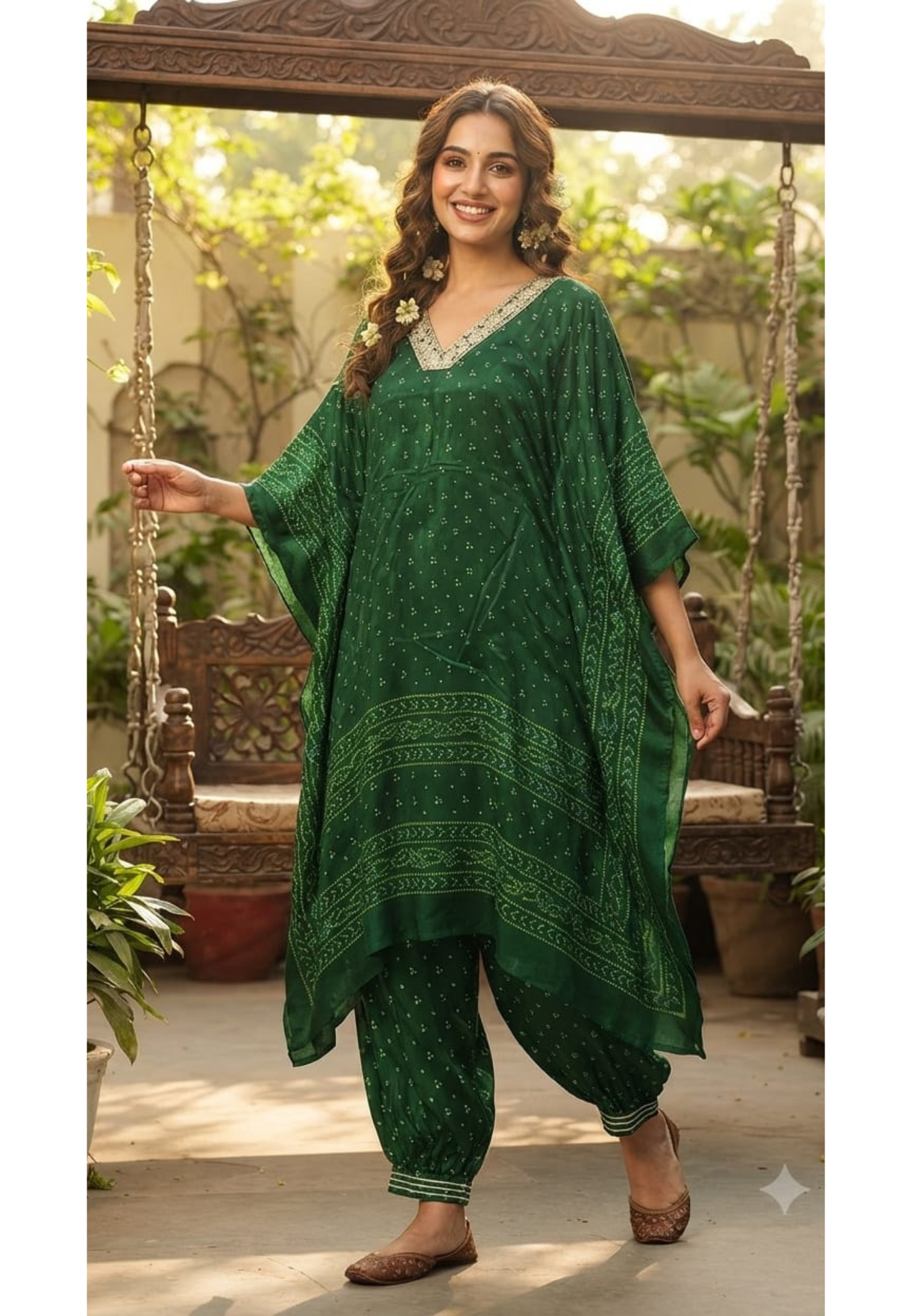 Embellished V-Neck Premium Semi Chinon Bandhani Print Kaftan Set with Balloon Pant-15486