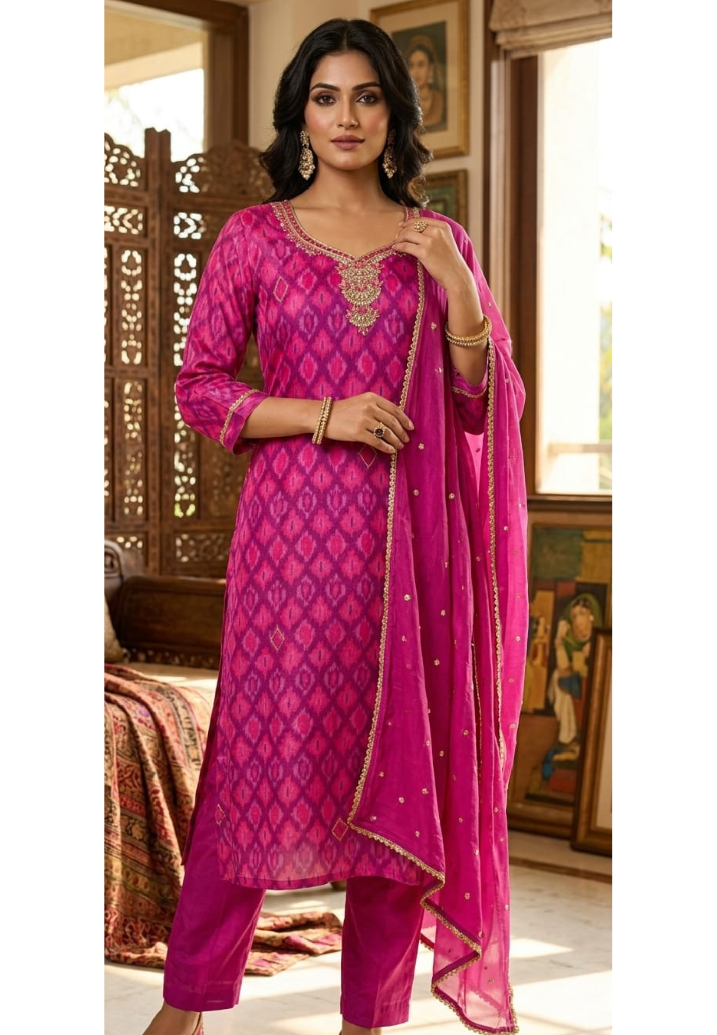Organza Hand Embellished Neckline Royal Magenta Ikat Print Full Suit Set with Dupatta-LEAN FIT(ADVISIBLE NEXT SIZE)