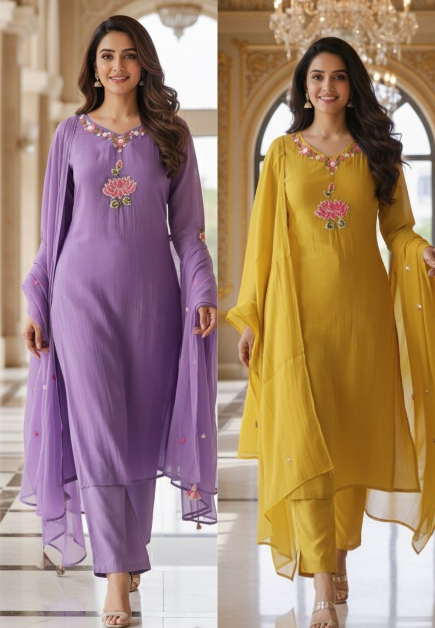 Elegant Surat Mul Chanderi Thread Embroidery Kurta with Pink Floral Detailing-12267