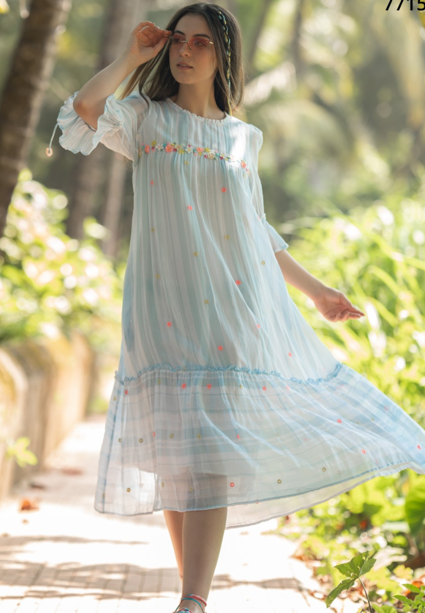 Pastel Blue Mul Cotton Embroidered Midi Dress with Soft Gathered Flare 14047 RB54