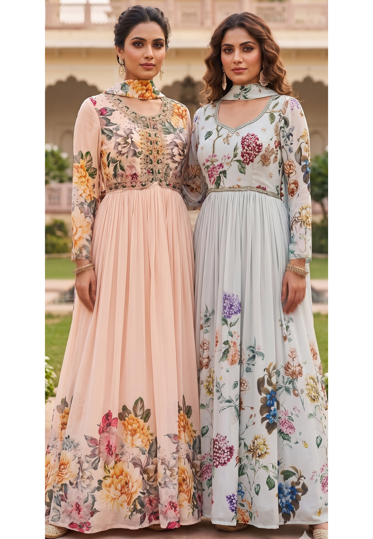 Digital Floral Print With Cut-Dana Highlights Chinon Anarkali Gown With Chowker Dupatta- 12108