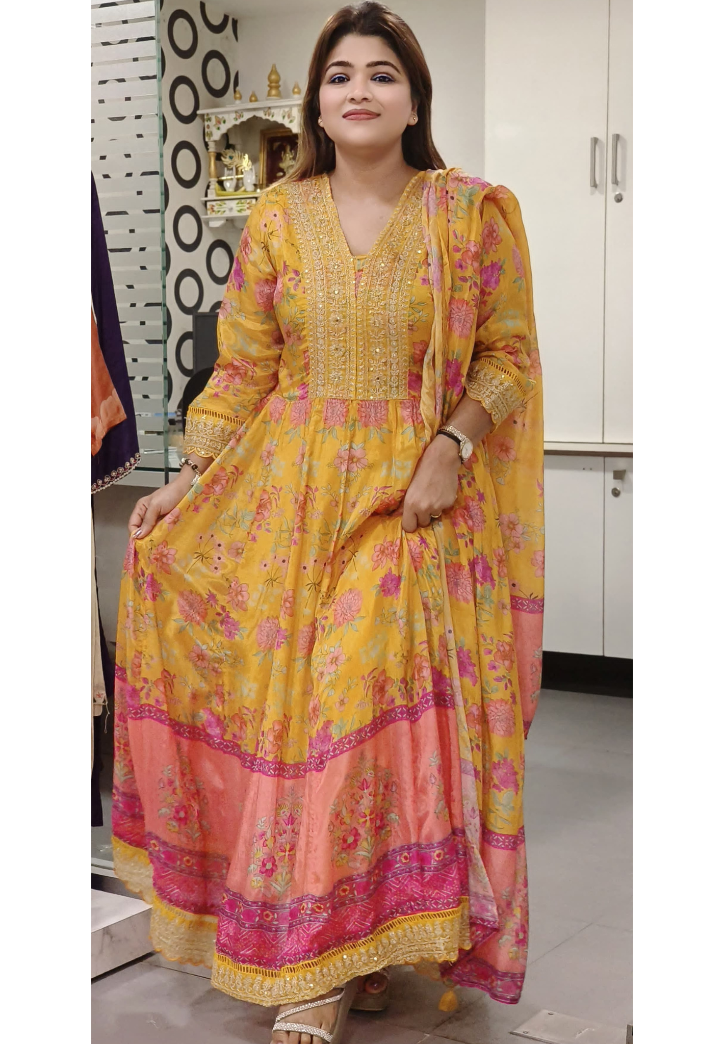 Beautiful Zardozi Neck Work Floral Printed Anarkali, Pant and Printed Dupatta-08078