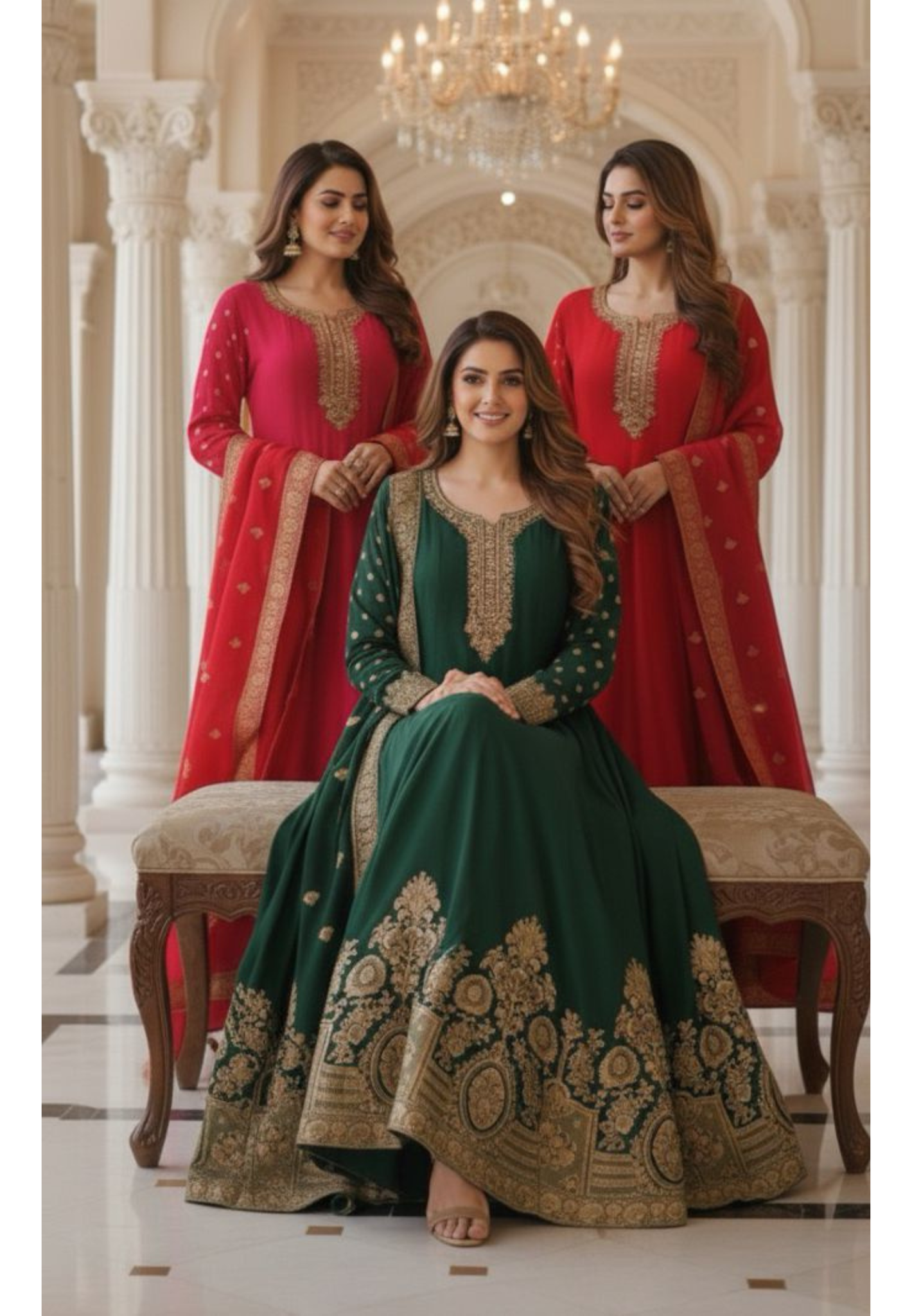 Designer Silk Panel Anarkali Gown with Brocade Detailing and Golden Embroidery Full Suit Set-10904,12274,12273