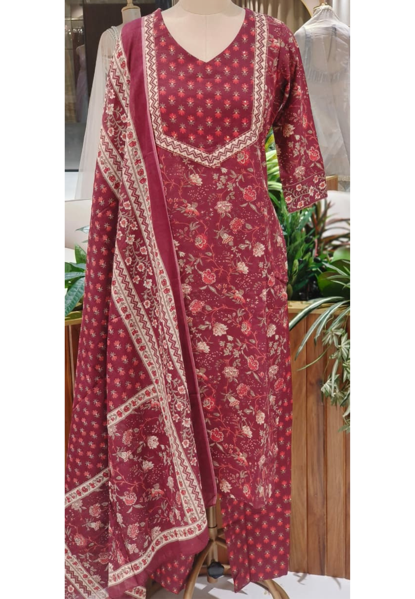 Wine Floral Printed Pure Cotton Kurta Set with Contrast Yoke Detailing & Matching Dupatta