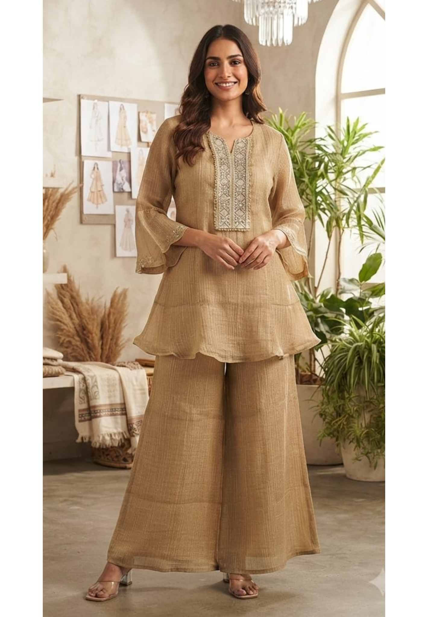 Premium Zardosi Hand Embroidered Boxed Neckline Crush Tissue Co-Ord Set- 15604