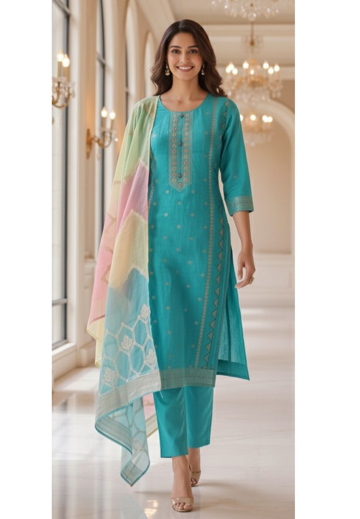 Pure Chanderi Silk Straight Kurta Set with Embroidery & Matching Colourful Dupatta Bottom-12282