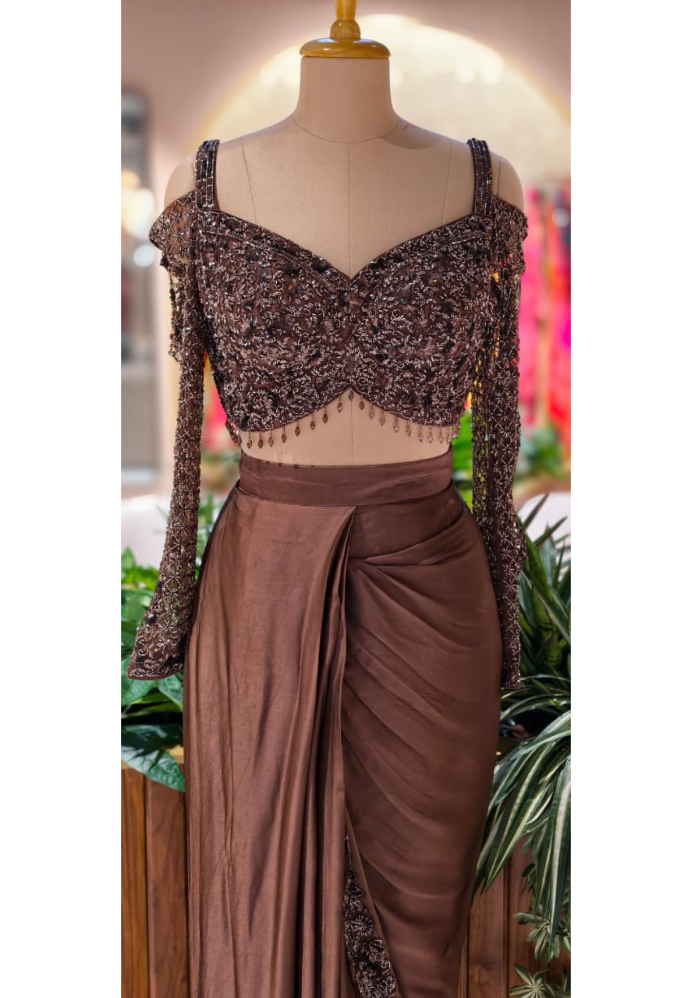 Designer Chocolate Brown Embellished Drape Saree Set with Handworked Sequin Sheer Blouse 14096 RB77