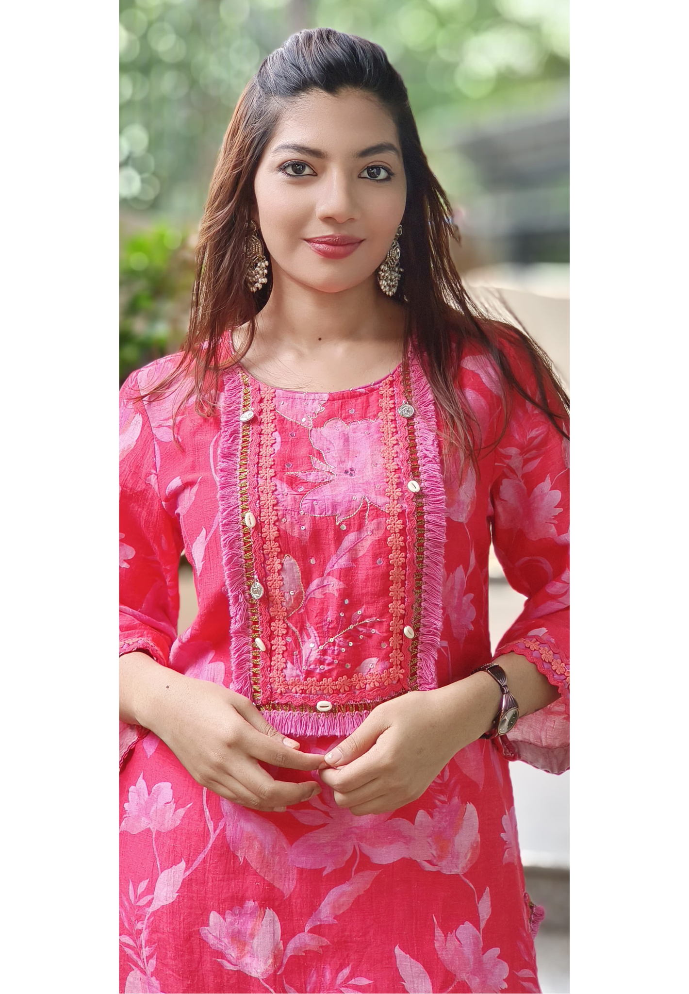 Crosia Lace Front Work Floral Printed Kurta Pant Set In Pure Linen Fabric With Lining- 10258