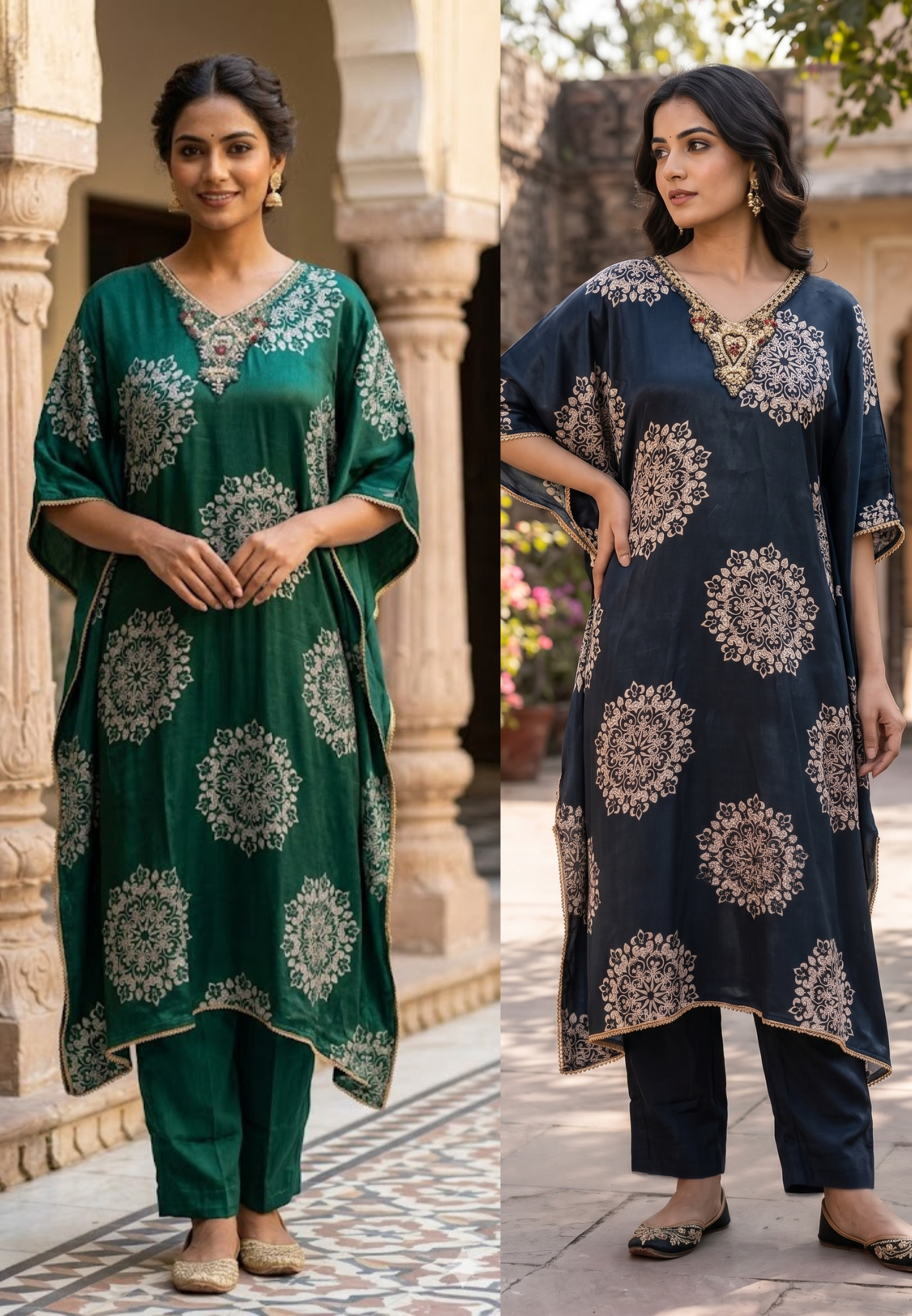 Rounded Floral Block Prints Zardosi Neckline Kaftan With Bottom In Crepe Fabric