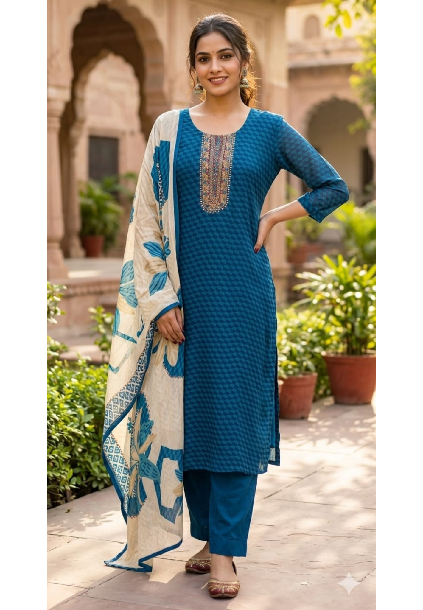 Traditional Embroidered Yoke Royal Blue Micro-Geometric Print Full Suit Set with Dupatta