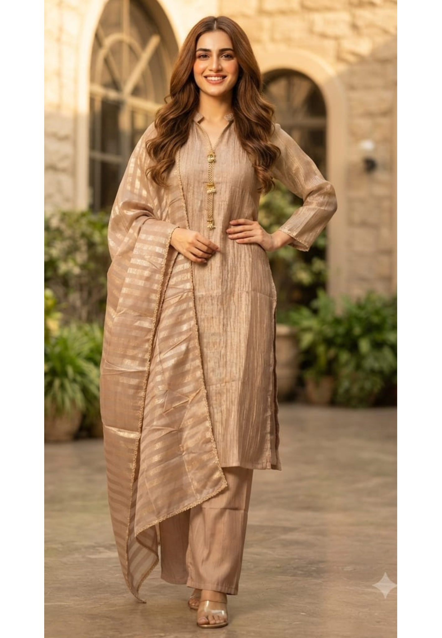 Minimal Elegant Golden Broach Accent Neckline Crush Tissue Full Suit Set With Dupatta- 15611