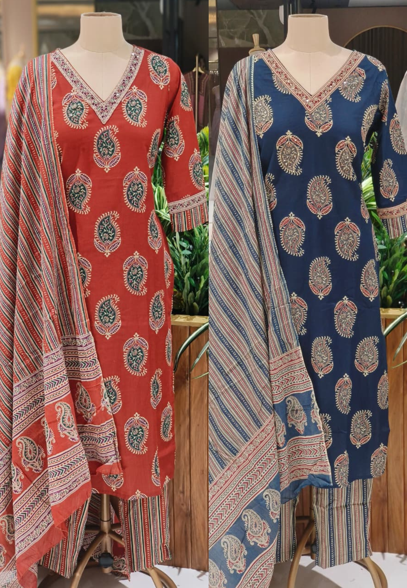 Handblock Printed Pure Cotton Straight Kurta Set with Paisley Motifs, Pants & Matching Dupatta