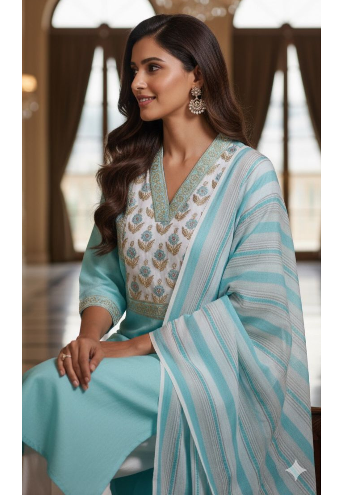 Block Print Yoke V Neck Premium Handloom Cotton Kurta With Bottom Full Set with Dupatta-12291,12293