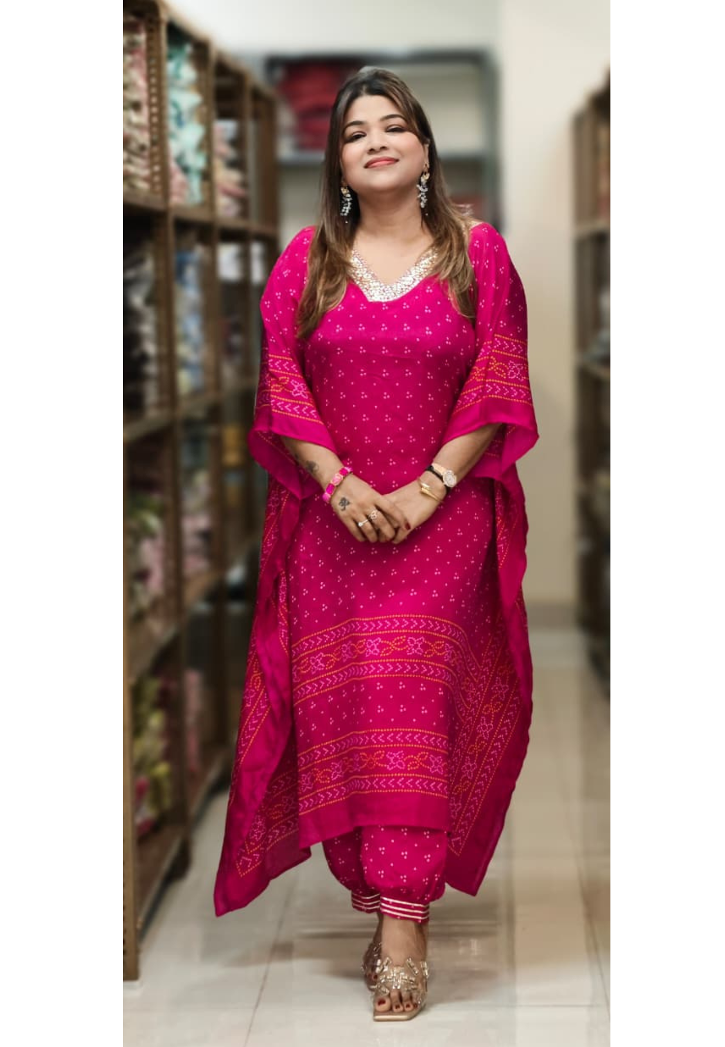 Embellished V-Neck Premium Semi Chinon Bandhani Print Kaftan Set with Balloon Pant-15486
