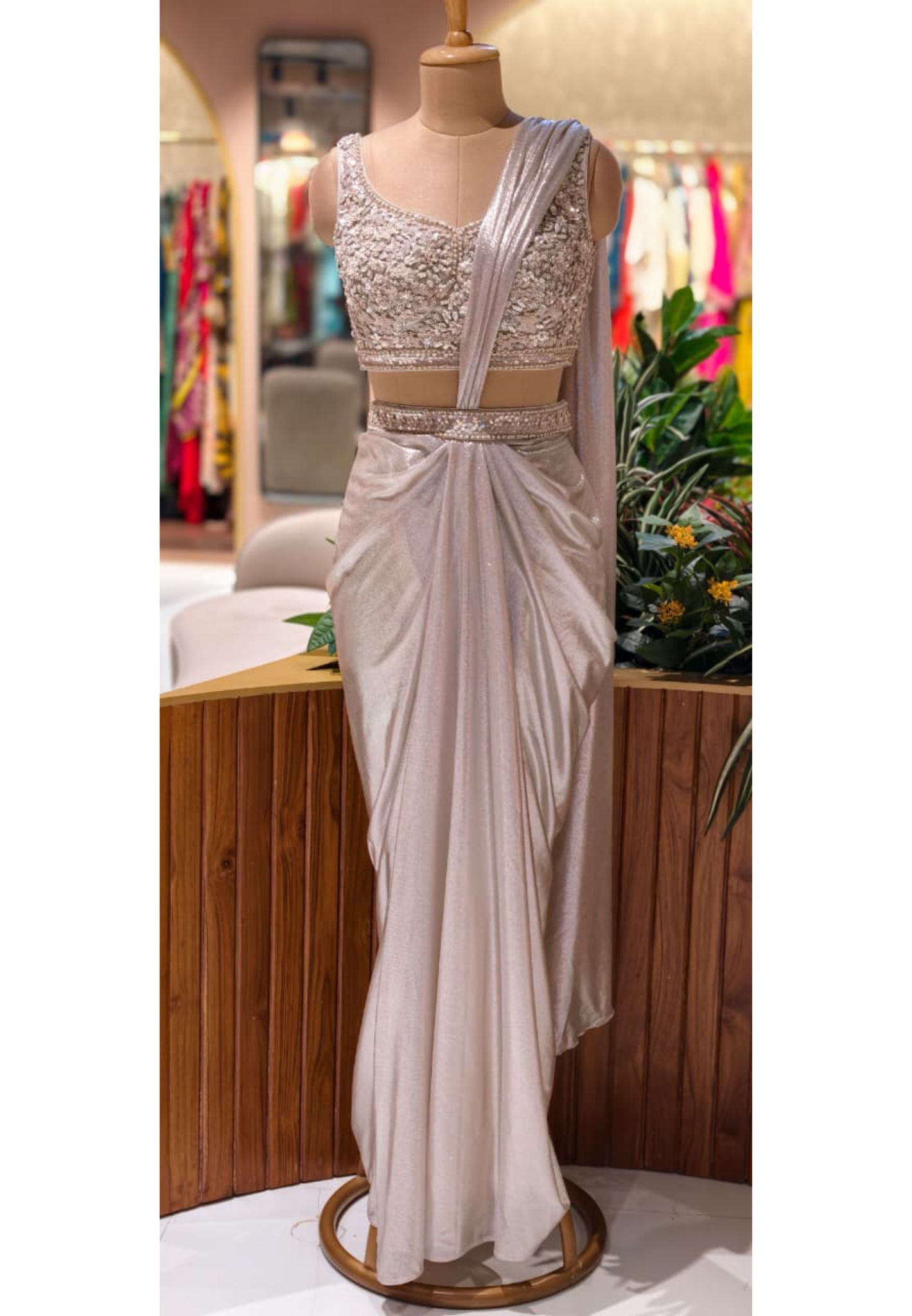 Luxury Gillter Ivory Drape Saree with Handworked Sequin Blouse & Attached Pallu 14098 RB76