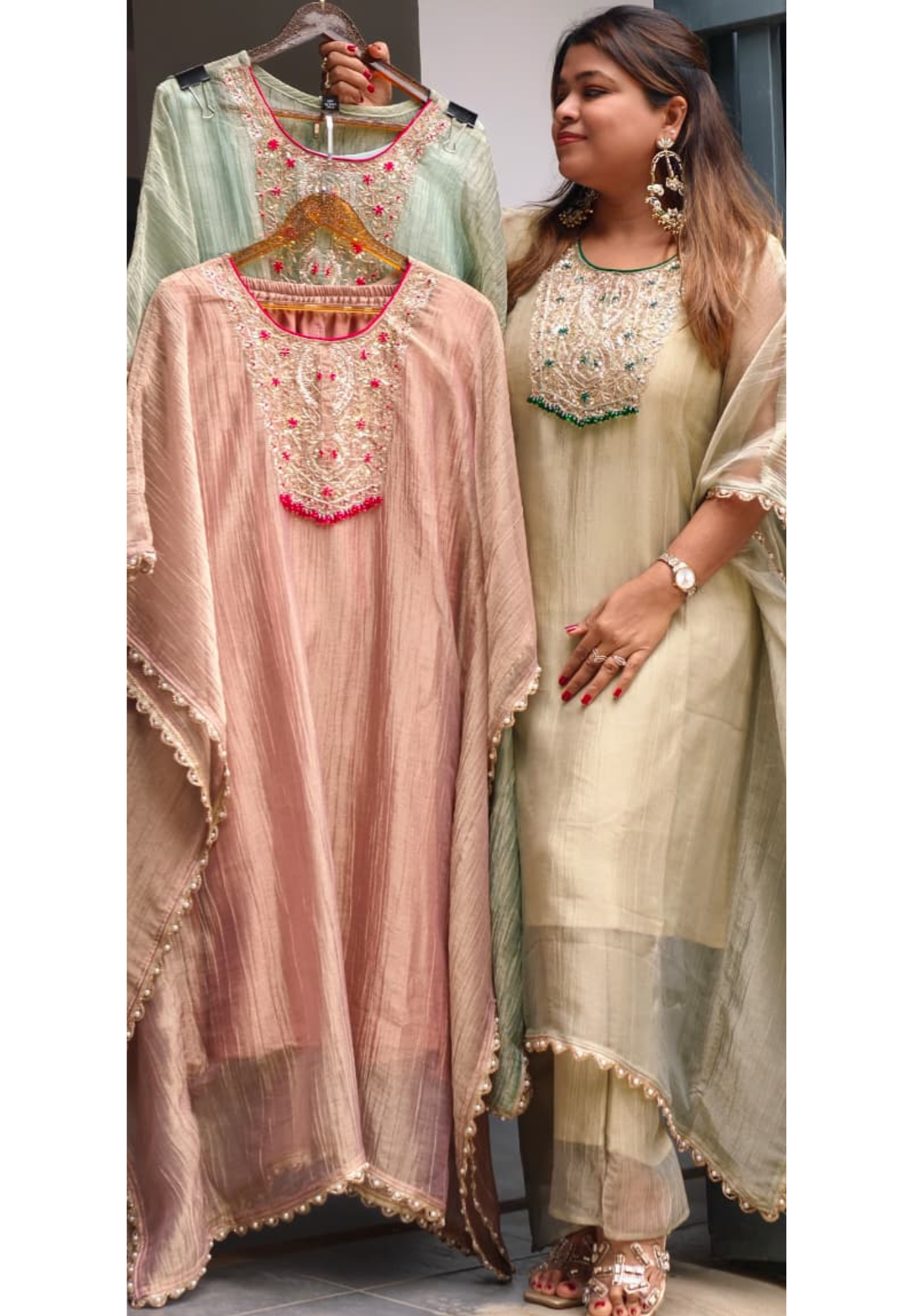 Royal Zardosi Work Beads Tassel Yoke With Pearl Bordered Tissue Kaftan & Loose Palazzo Bottom- 15559