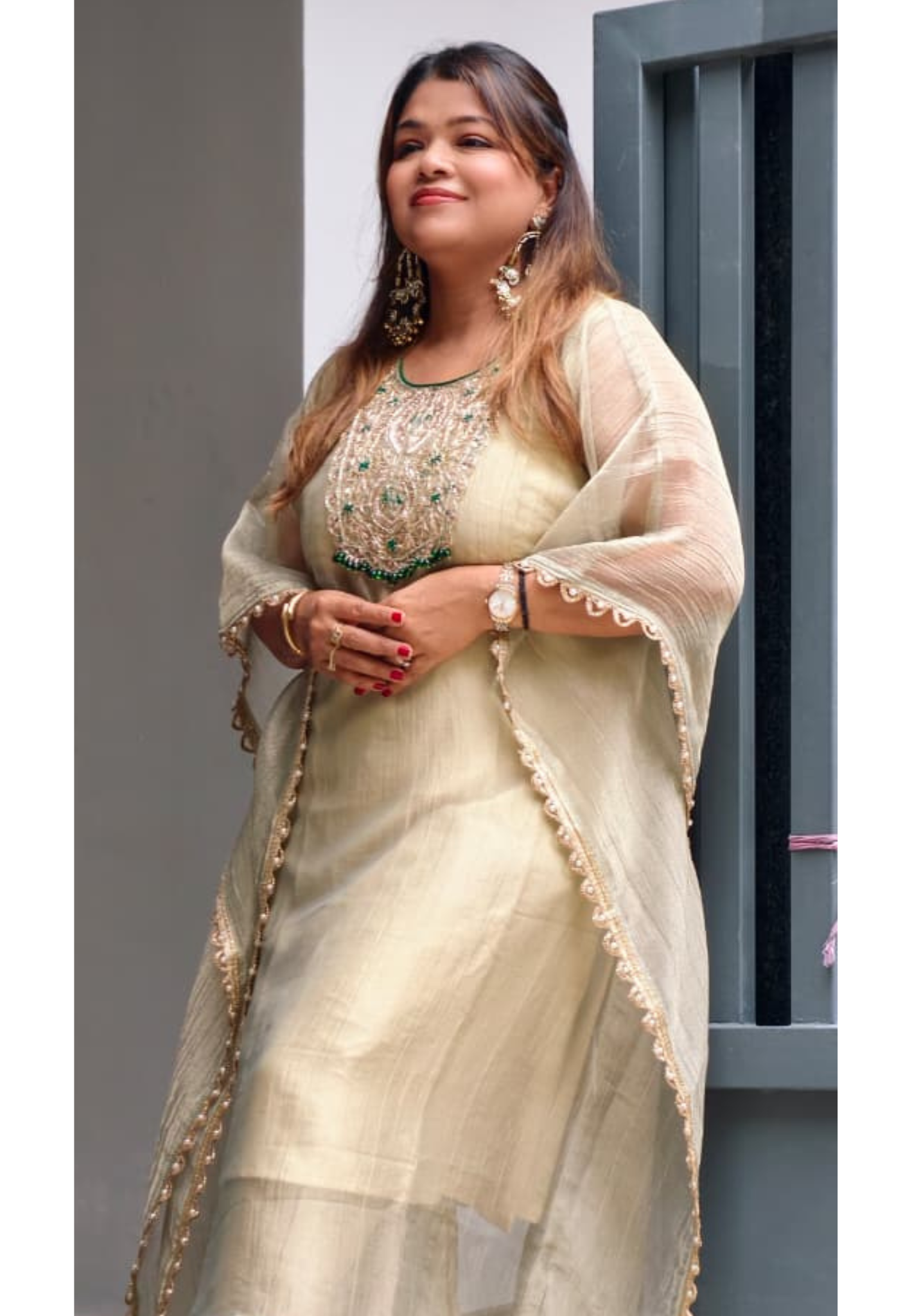Royal Zardosi Work Beads Tassel Yoke With Pearl Bordered Tissue Kaftan & Loose Palazzo Bottom- 15559