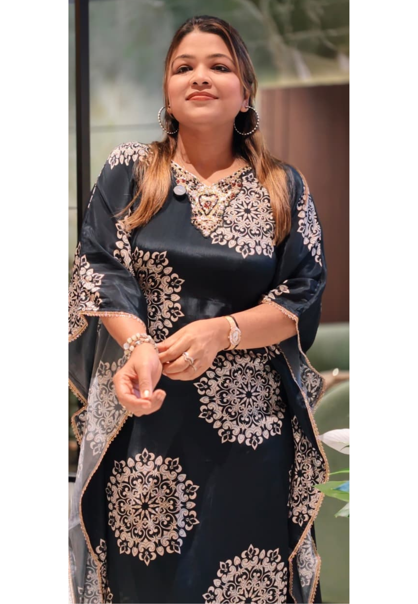 Rounded Floral Block Prints Zardosi Neckline Kaftan With Bottom In Crepe Fabric