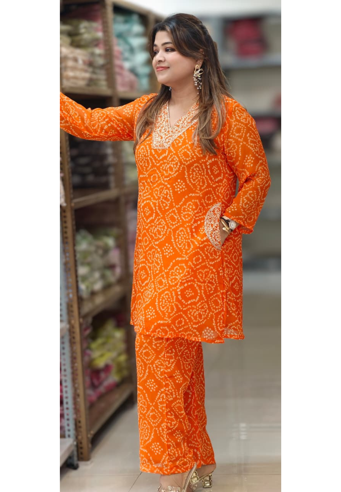 Machine Work Embroidered V-Neck Premium Bandhani Print Georgette Kurta Pant Set with Pockets-15481