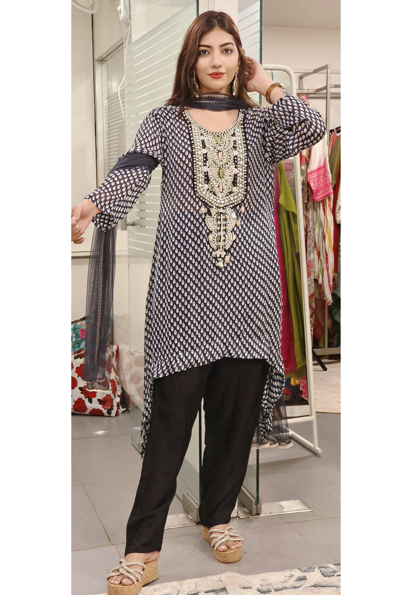 Zahra Charm– Graceful Pearl-Embroidered Chiffon Indo-Western Suit Set with Statement Cut-09019