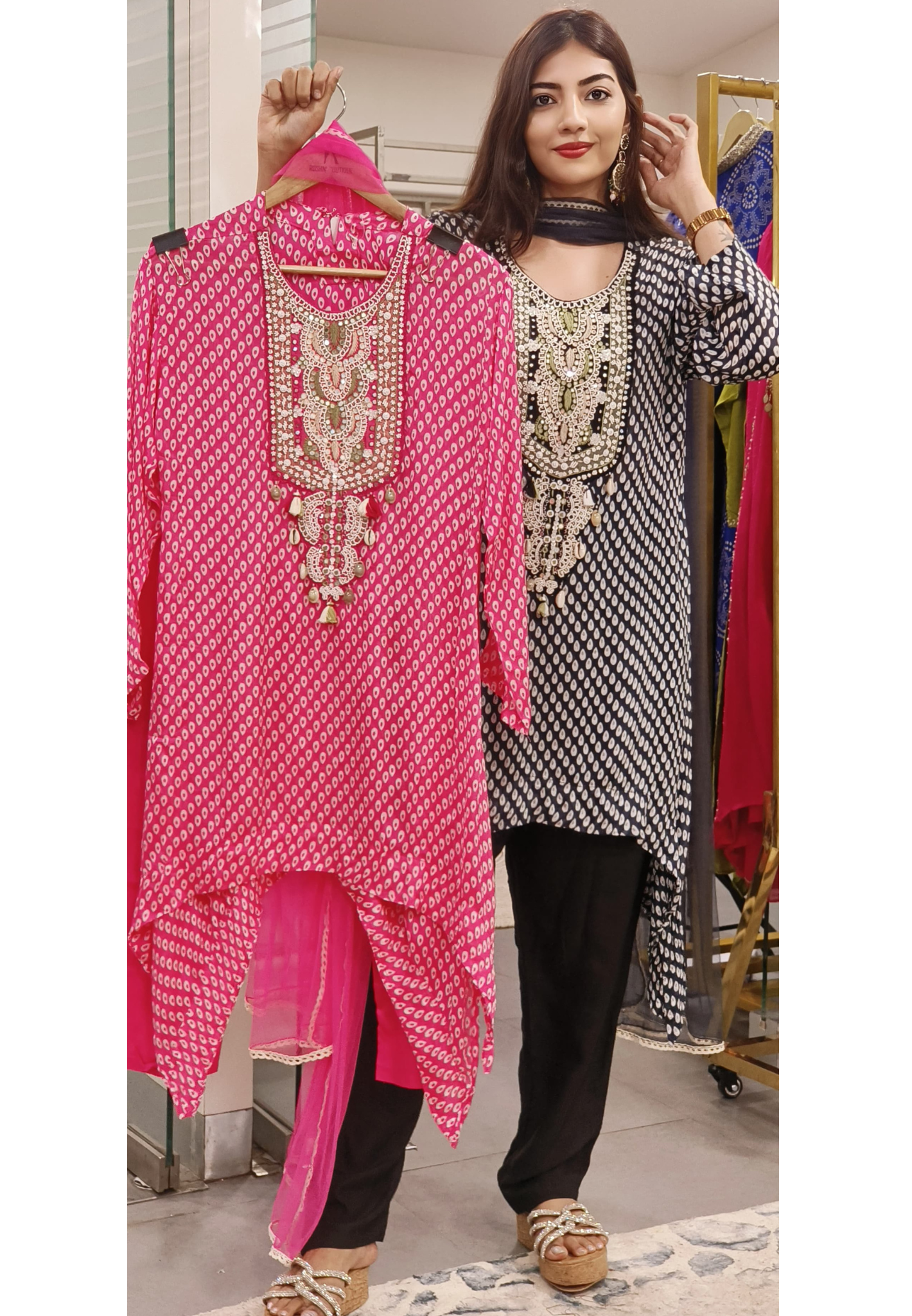 Zahra Charm– Graceful Pearl-Embroidered Chiffon Indo-Western Suit Set with Statement Cut-09019