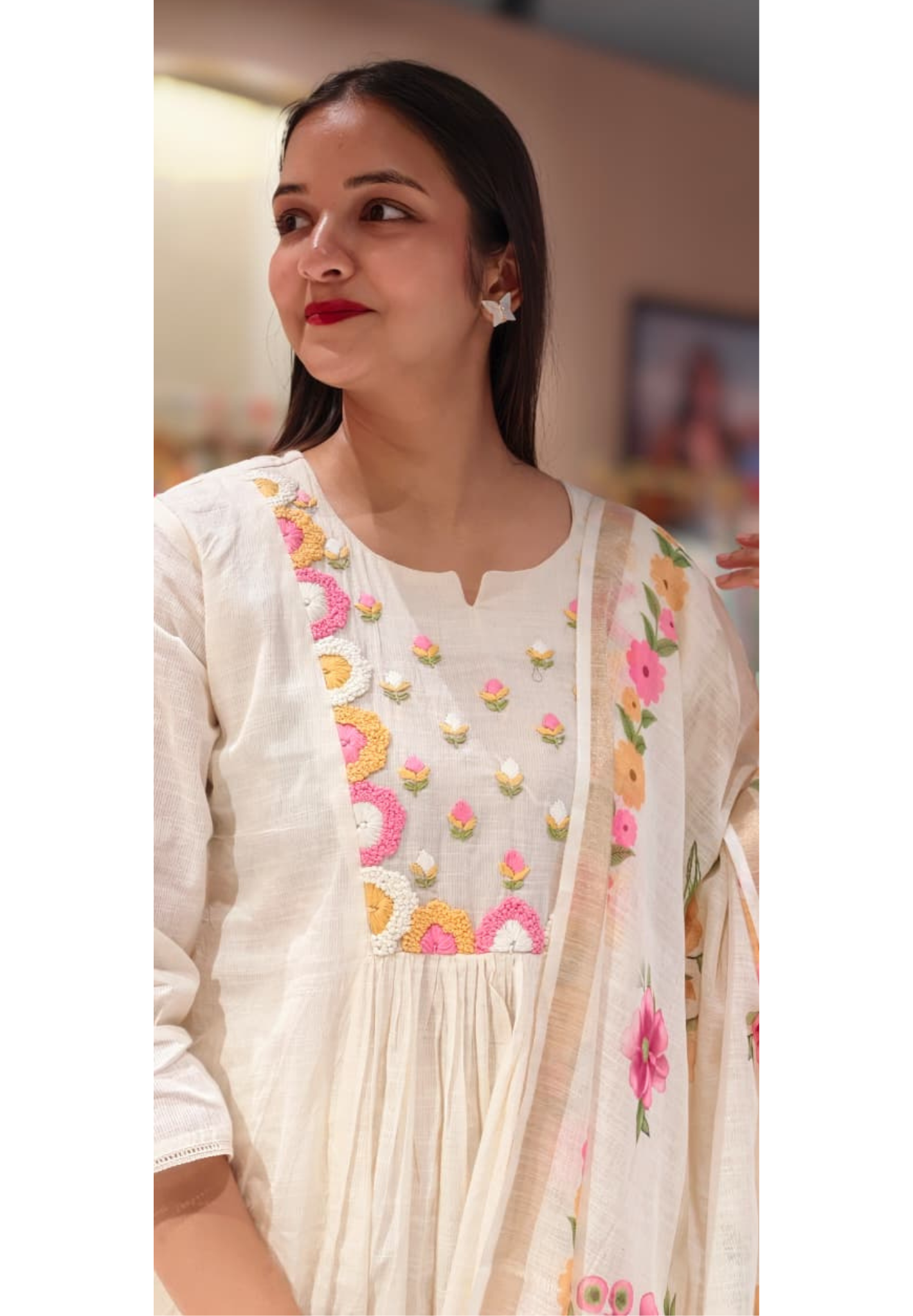 Cute Crochet Look Yoke Plain A-Line Full Suit Set With Dupatta In Checks Cotton Fabric- 13593