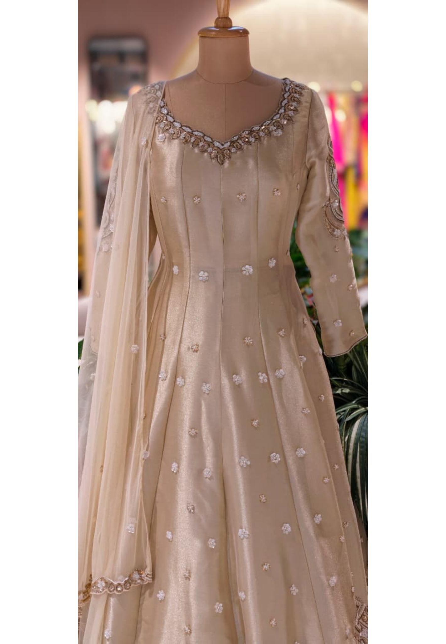Beige Embroidered Kurta Subtle Shimmer Tissue Top Flare Skirt & Dupatta RB78