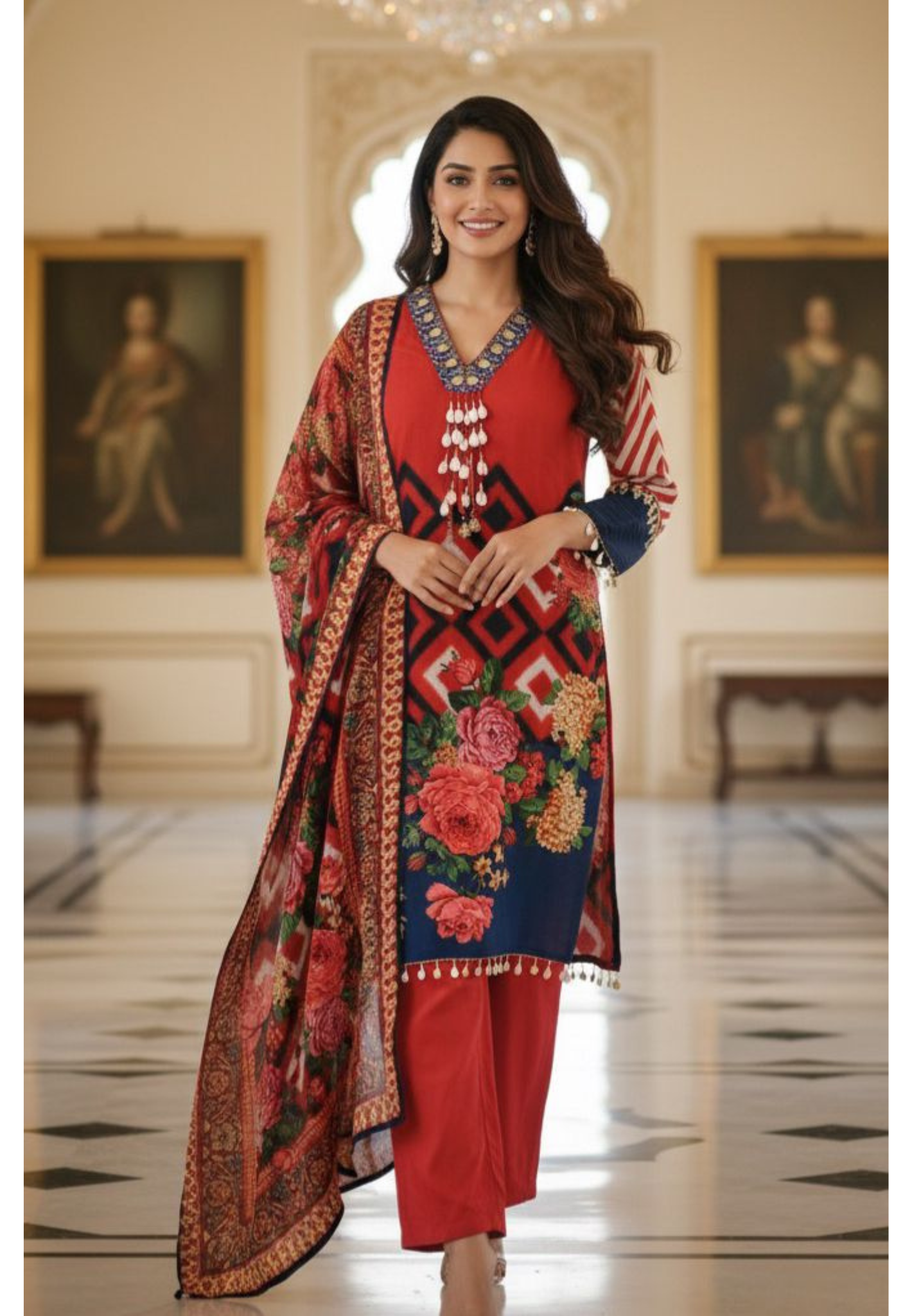Vibrant Red & Blue Crepe Indo-Western Kurta with Bold Geometric and Floral Print, Pearl Tassel Detailing & Designer Neck Embroidery In Crepe Fabric-12236