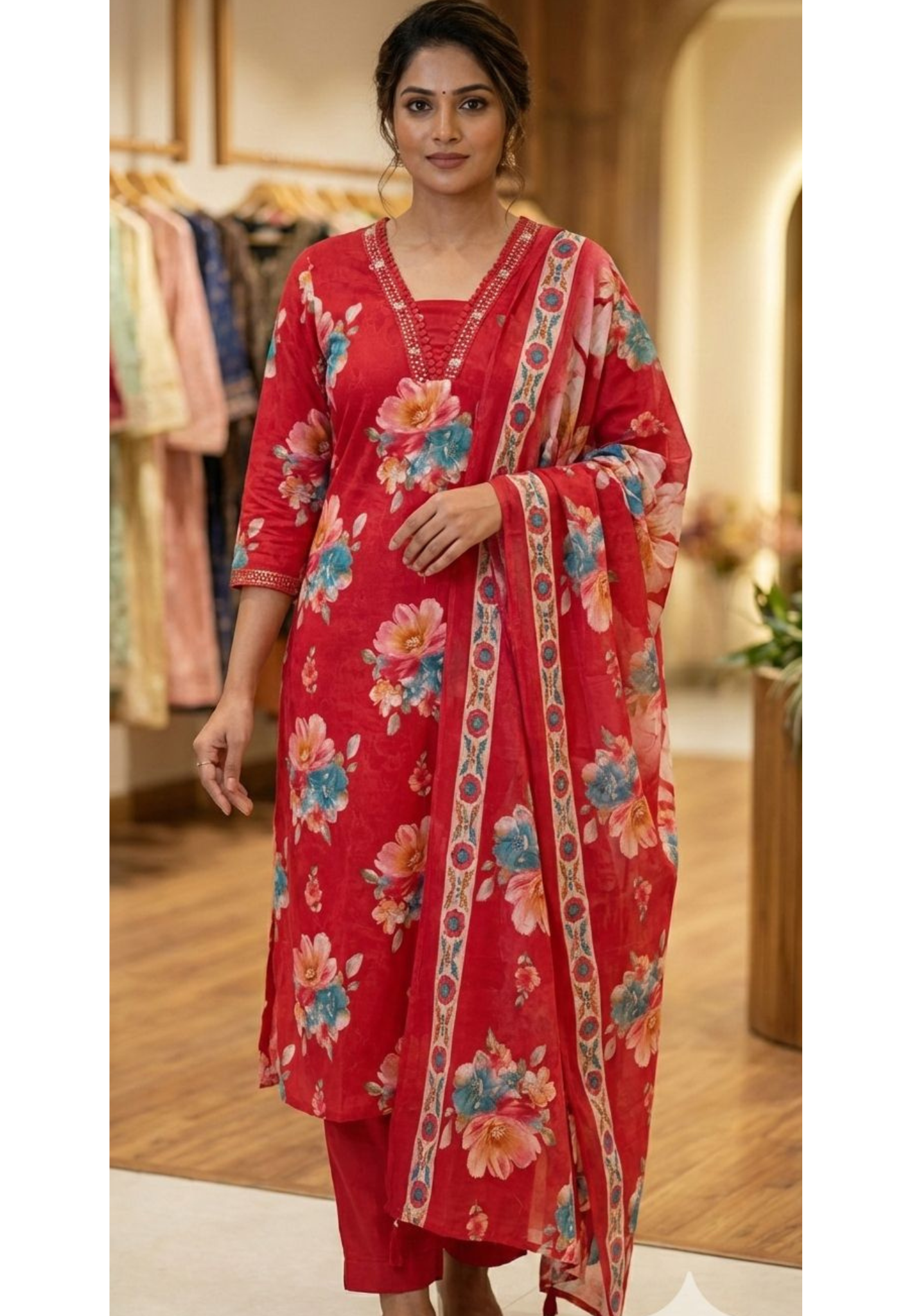 Elegant Red Floral Printed Cotton Kurta Set with Matching Dupatta-13680