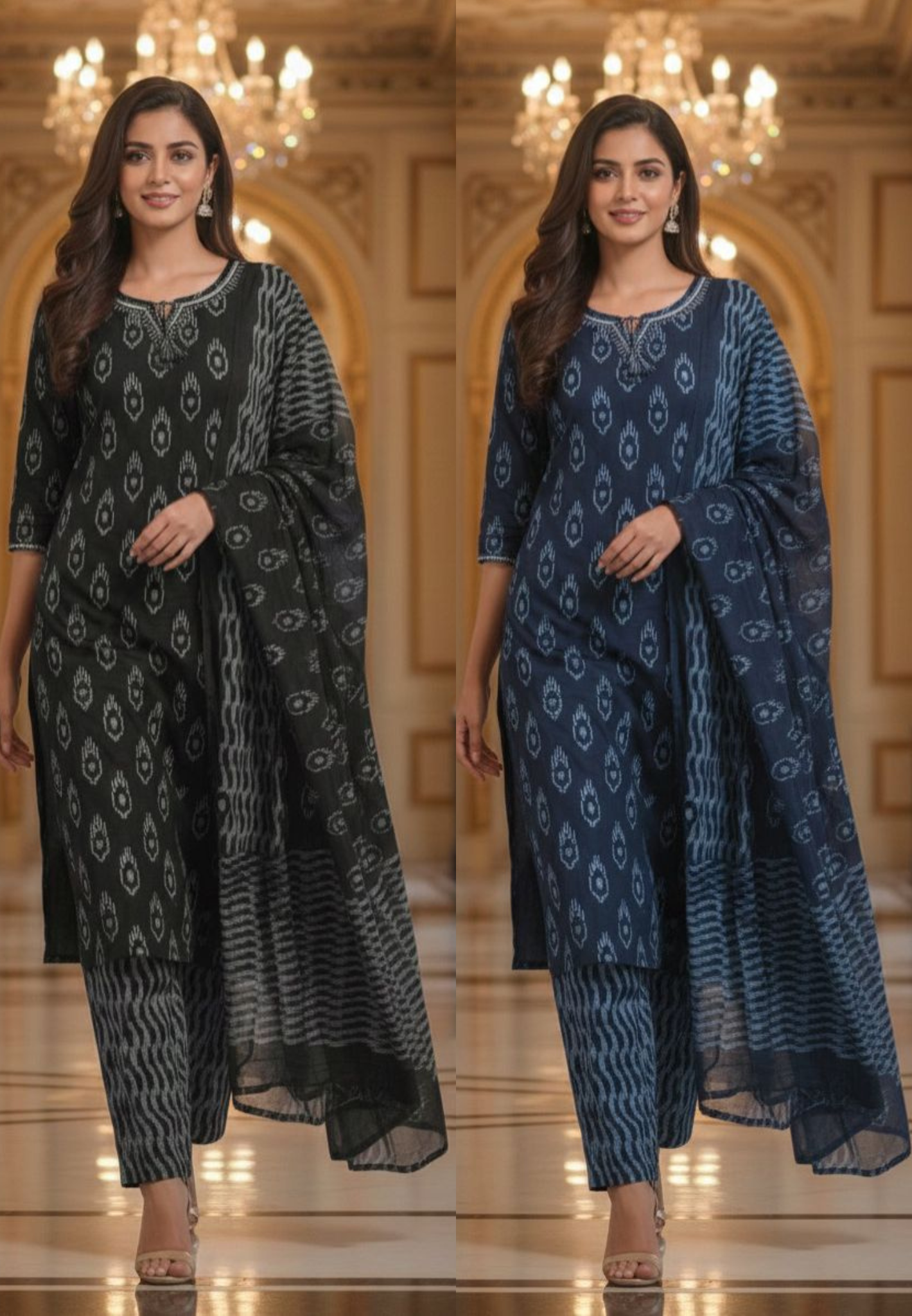 Breathable Cotton Ikat Print Straight Kurta Set with Matching Bottoms & Dupatta