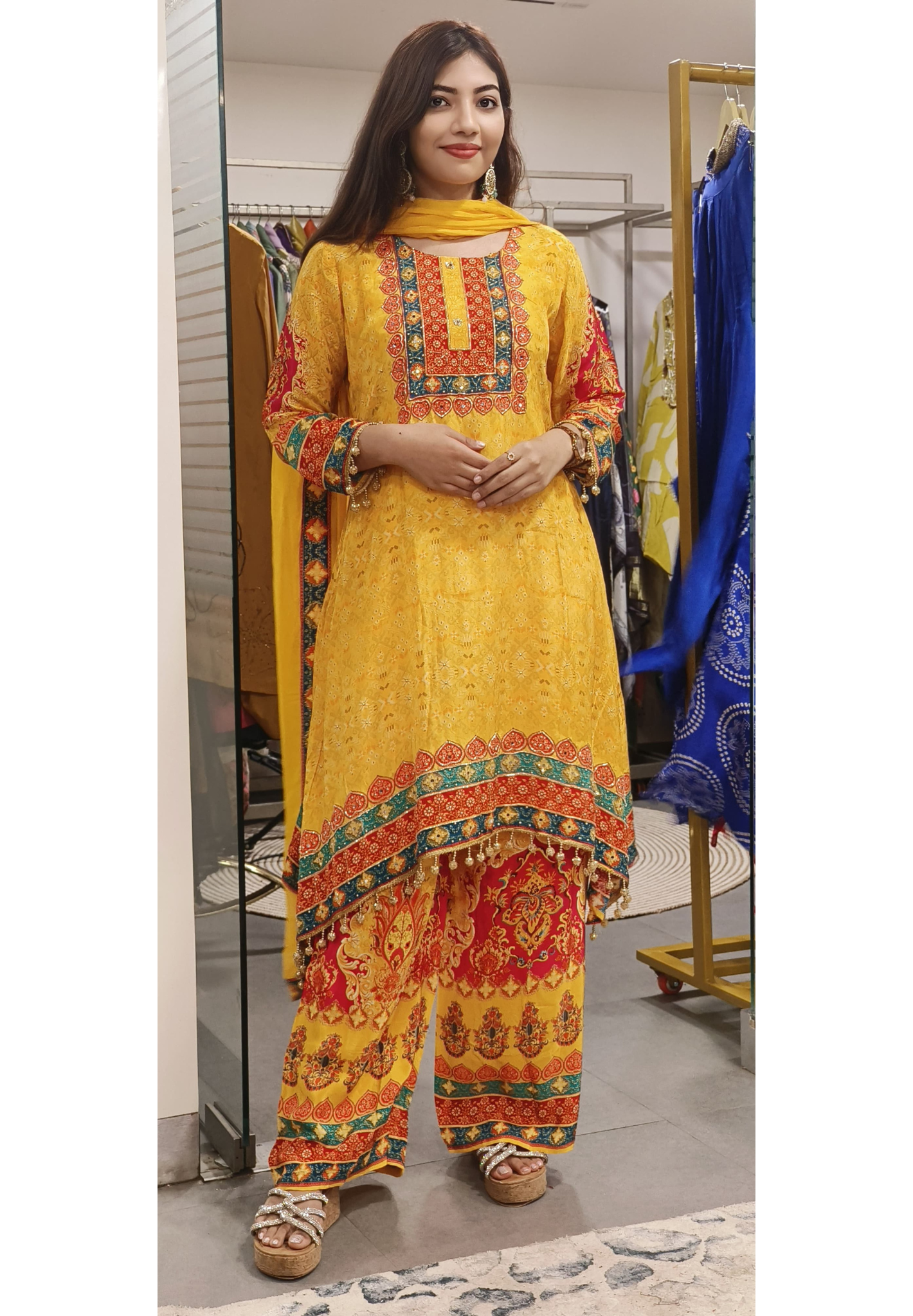 Yellow Pure Crape Zardosi & Mirror Work Suit Set with Printed Palazzo Charm-09211