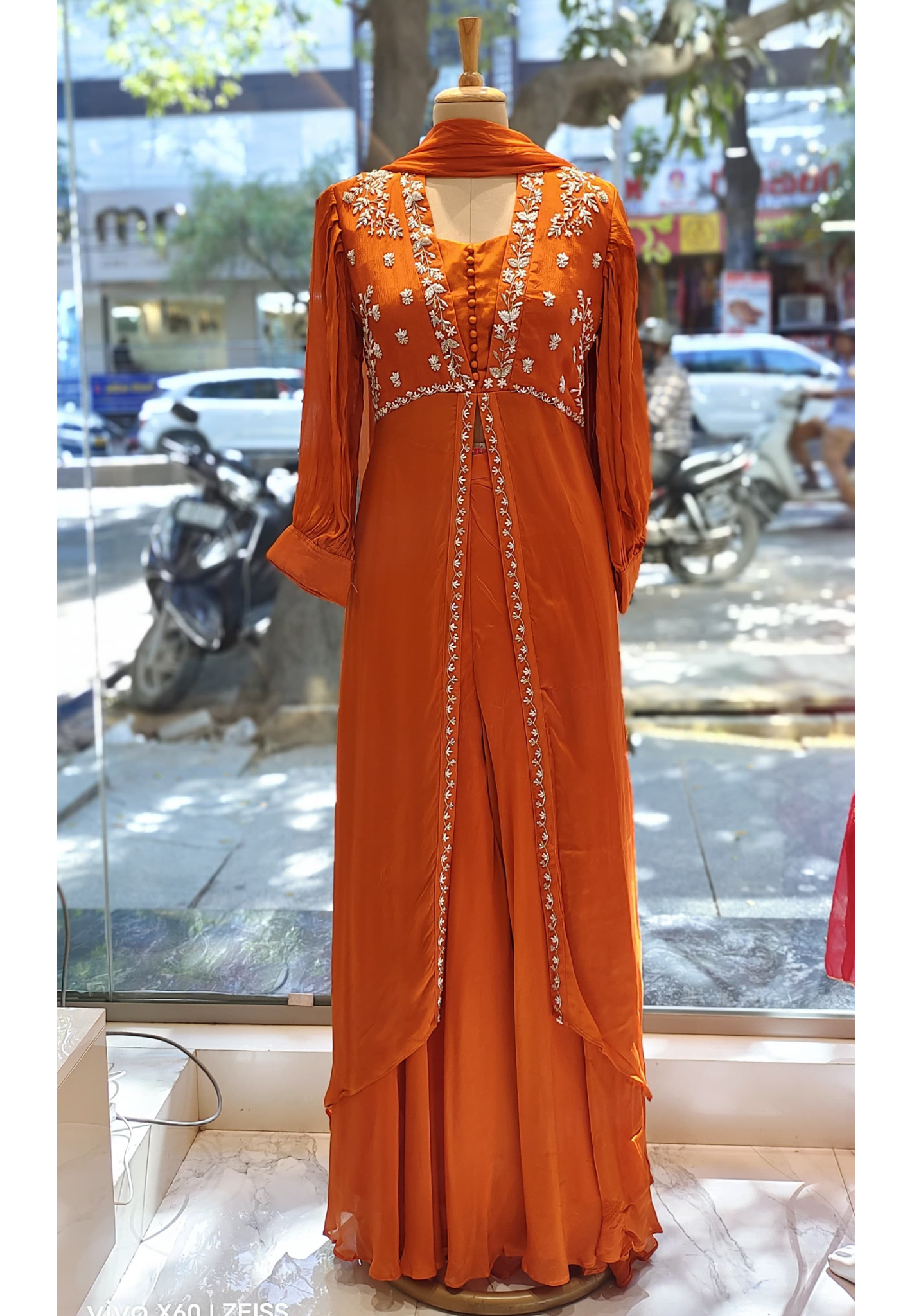 Stylish Party Wear Cut dana embroidery front slit Chinon Full suit With palazzo and dupatta DRY WASH -06577